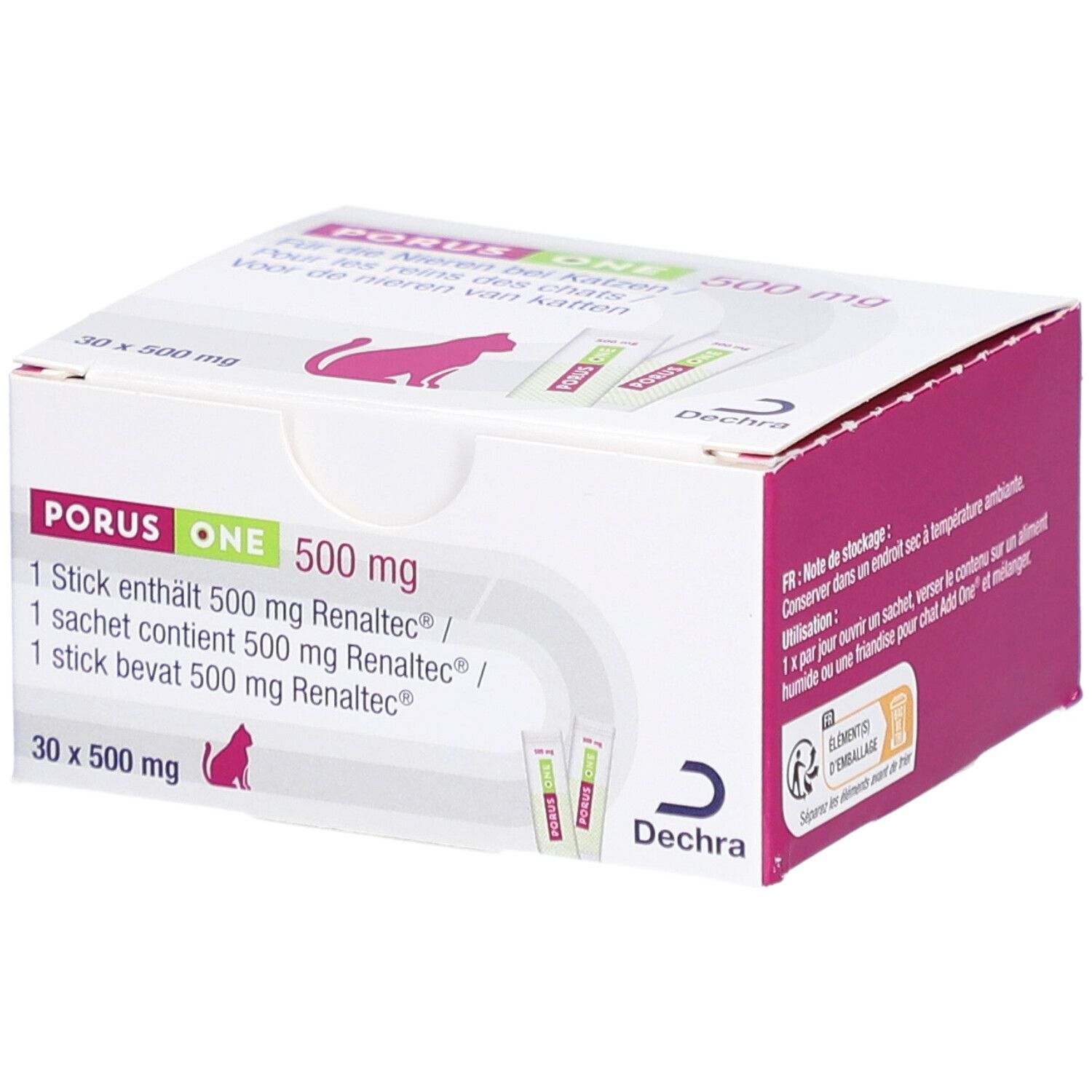 Boîte Porus One 500 mg. Contient 30 sachets. Emballage rose et blanc avec informations et logo du produit.