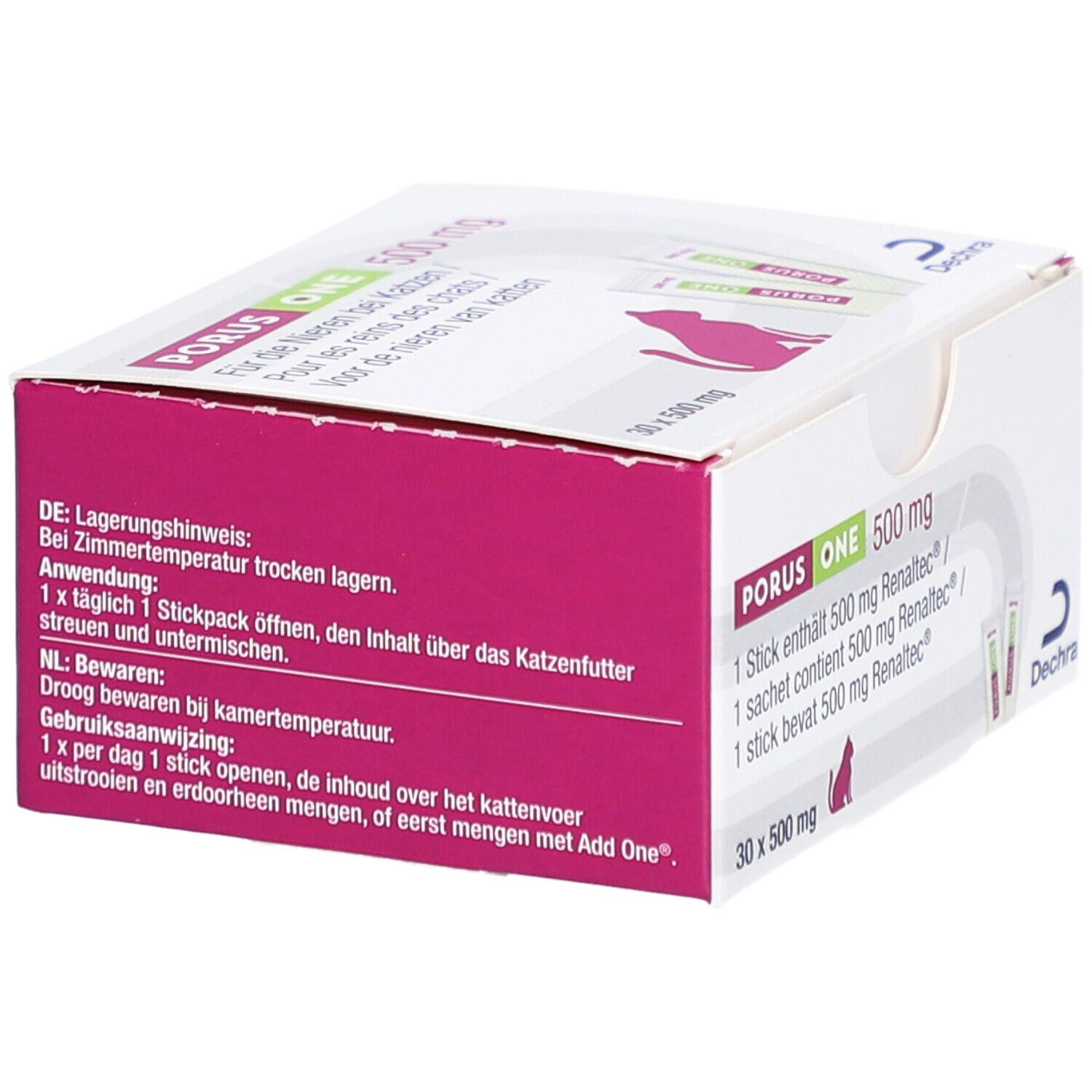 Boîte Porus One 500 mg. Emballage rose et blanc avec informations sur le produit. Texte en allemand et néerlandais.