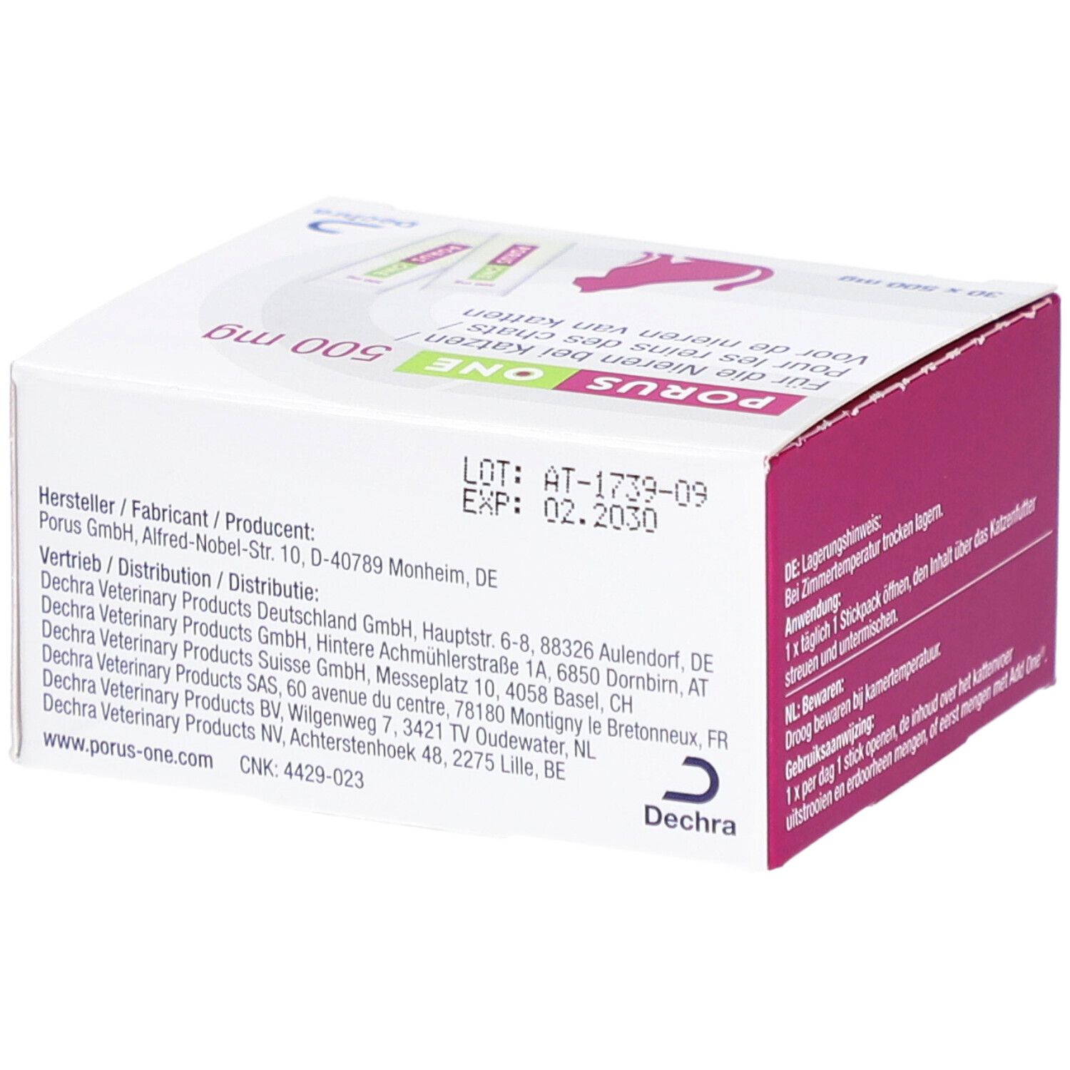 Boîte Porus One 500 mg. Dos avec informations fabricant et distributeur. Texte en plusieurs langues.