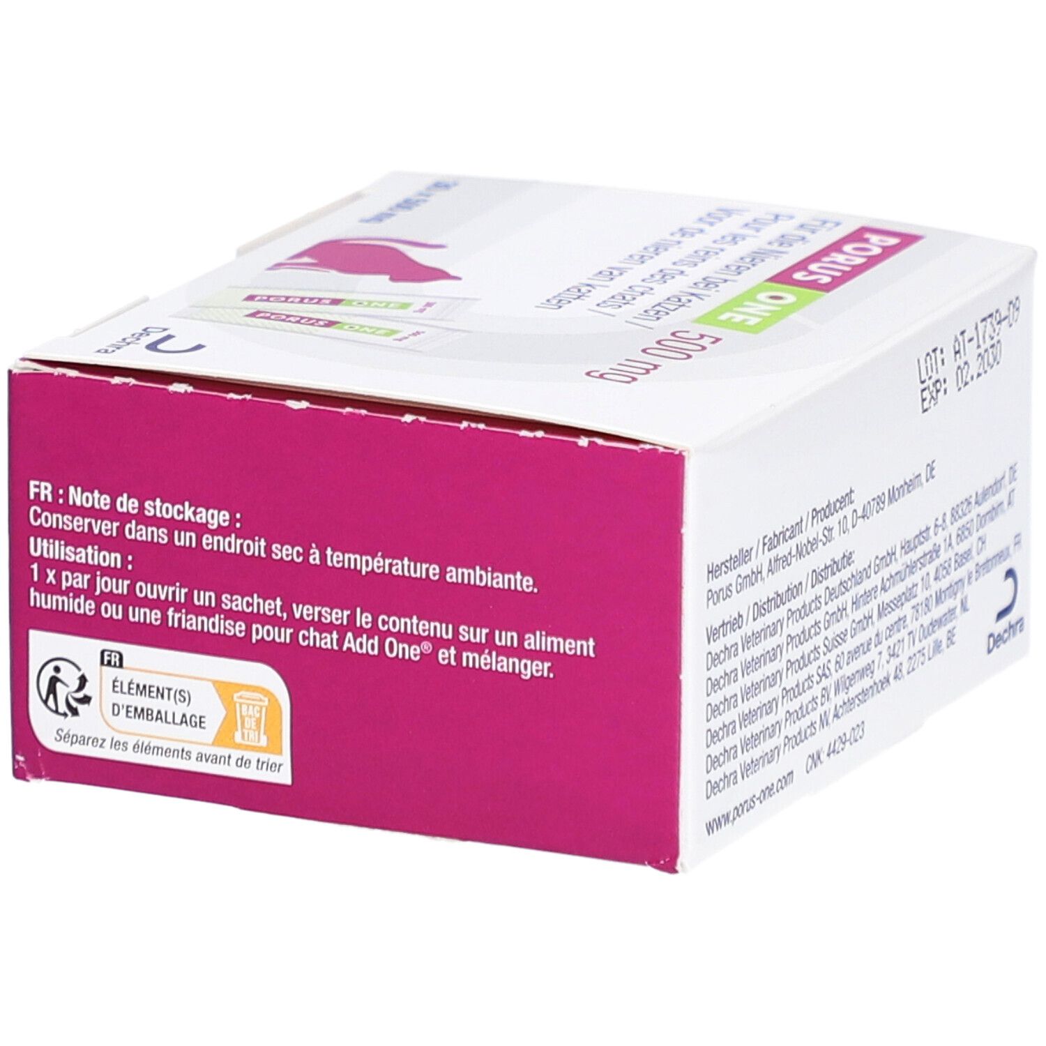 Boîte Porus One 500 mg. Côté avec instructions de stockage et d'utilisation. Texte en allemand et français.