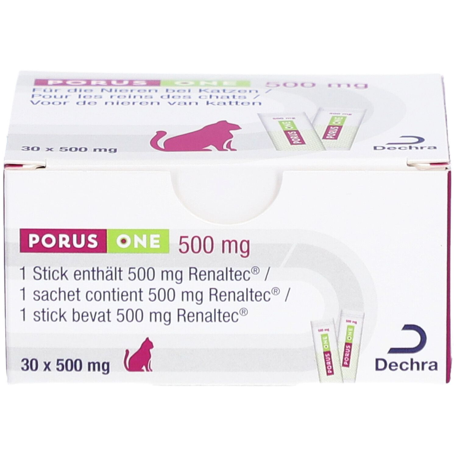 Boîte Porus One 500 mg. Contient 30 sachets. Emballage rose et blanc avec informations et logo du produit.