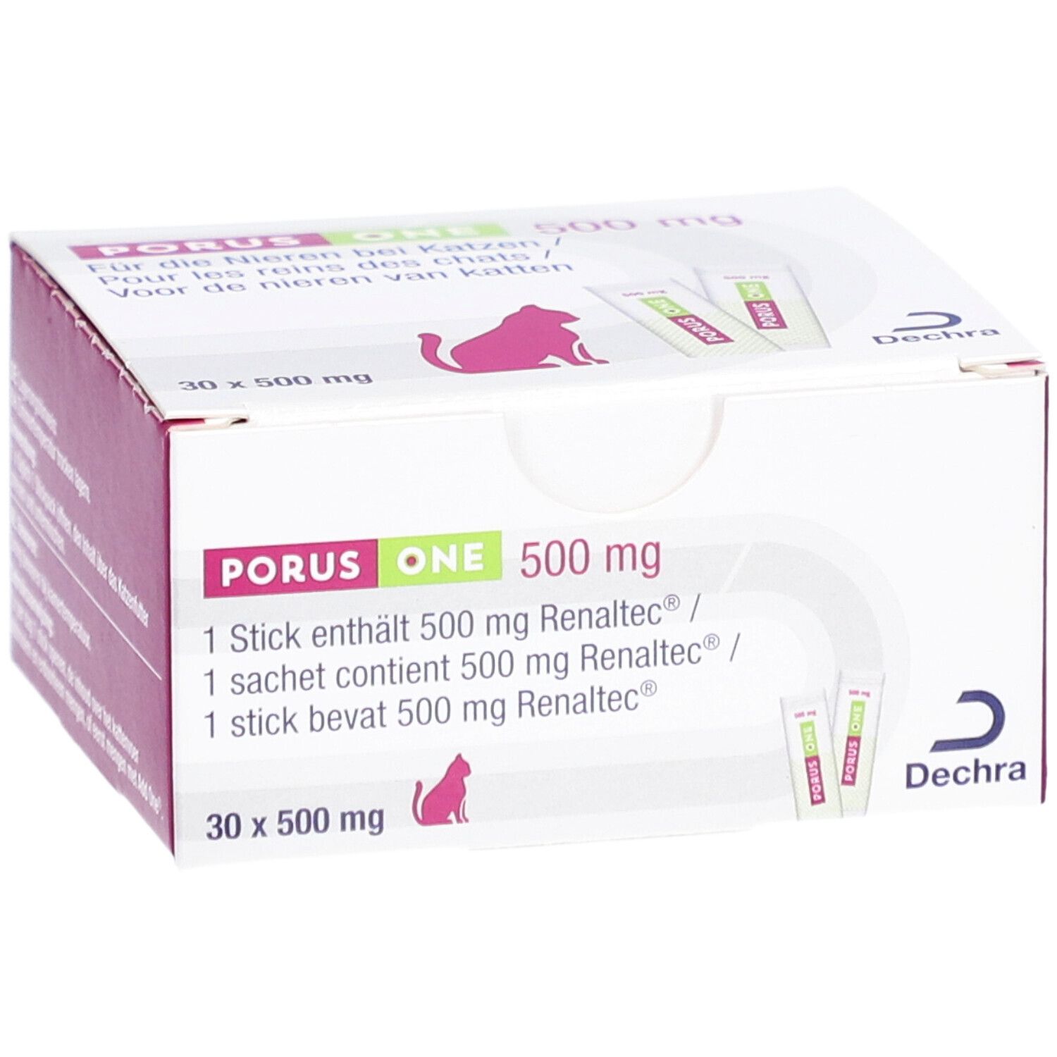 Boîte Porus One 500 mg. Contient 30 sachets. Emballage rose et blanc avec informations et logo du produit.
