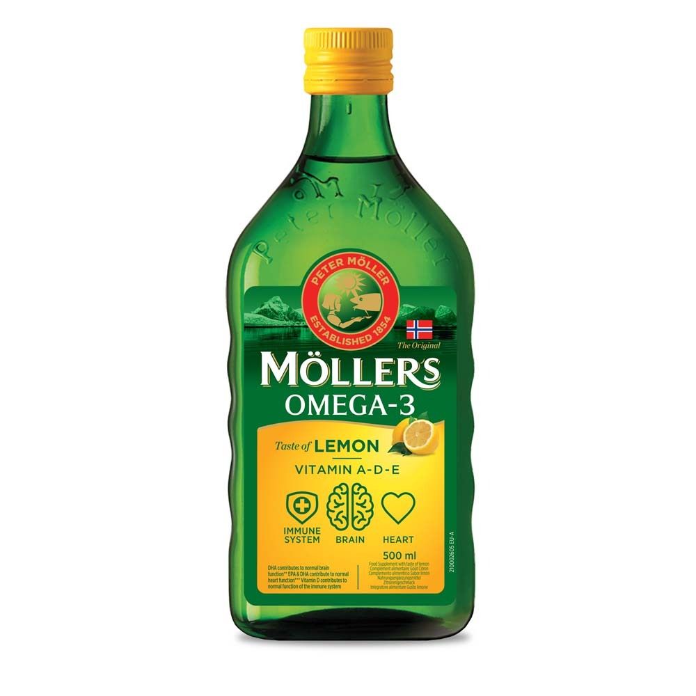 Bouteille verte Möller's Omega-3 Citron. Bouchon jaune, étiquette jaune avec informations et logos. 500 ml.
