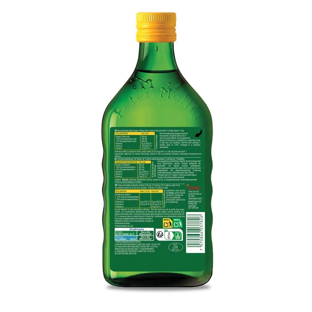 Dos de la bouteille verte Möller's Omega-3 Citron. Contient des informations nutritionnelles et autres informations.