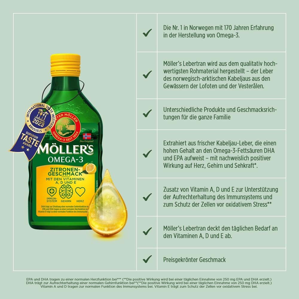 Möller's Omega-3 Citron avec récompenses. Bouteille avec bouchon et étiquette jaunes. Texte et logos.