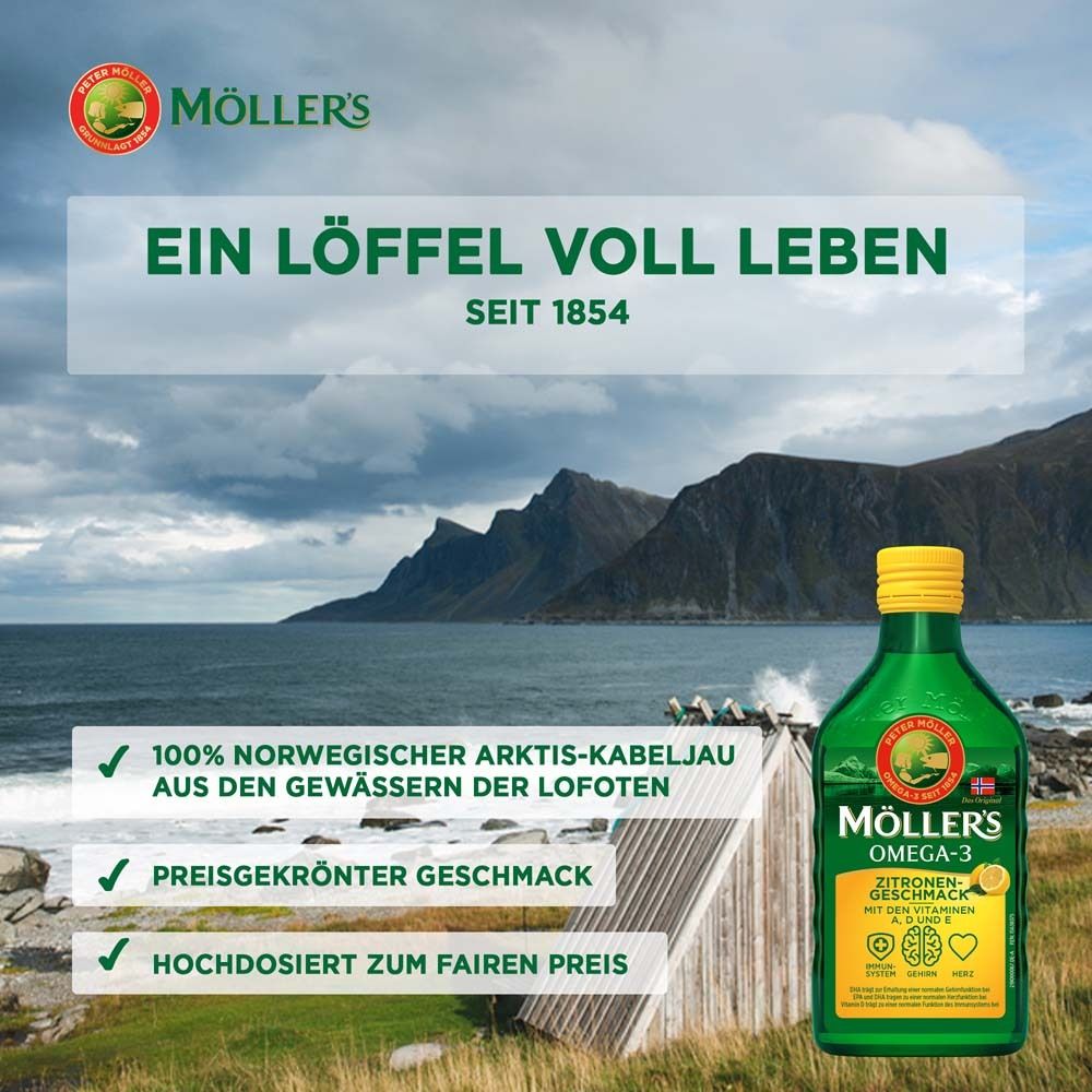 Möller's Omega-3 Citron devant paysage. Bouteille avec bouchon et étiquette jaunes. Texte: Une cuillère de vie.
