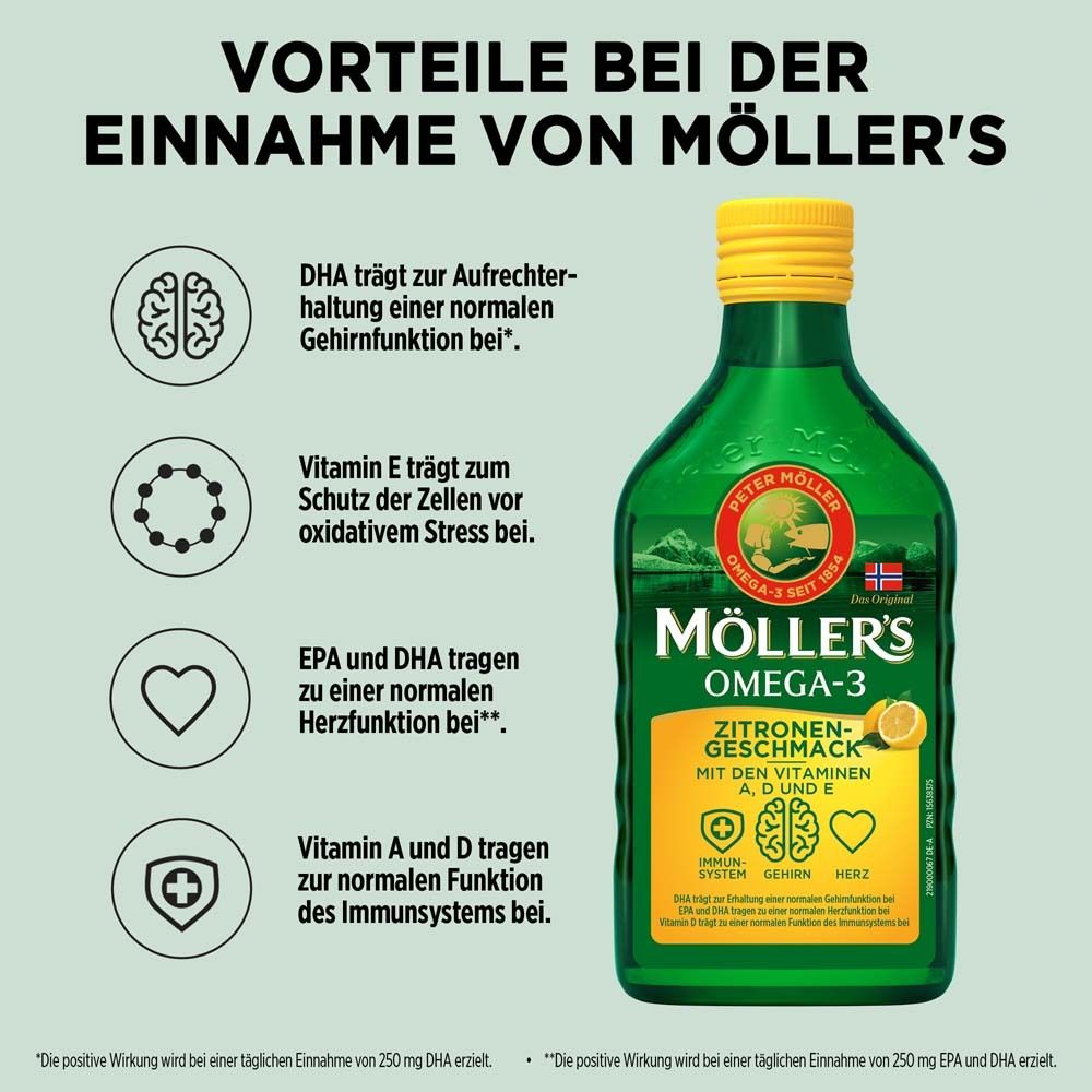 Möller's Omega-3 Citron avec texte. Bouteille avec bouchon et étiquette jaunes. Texte sur les bienfaits.