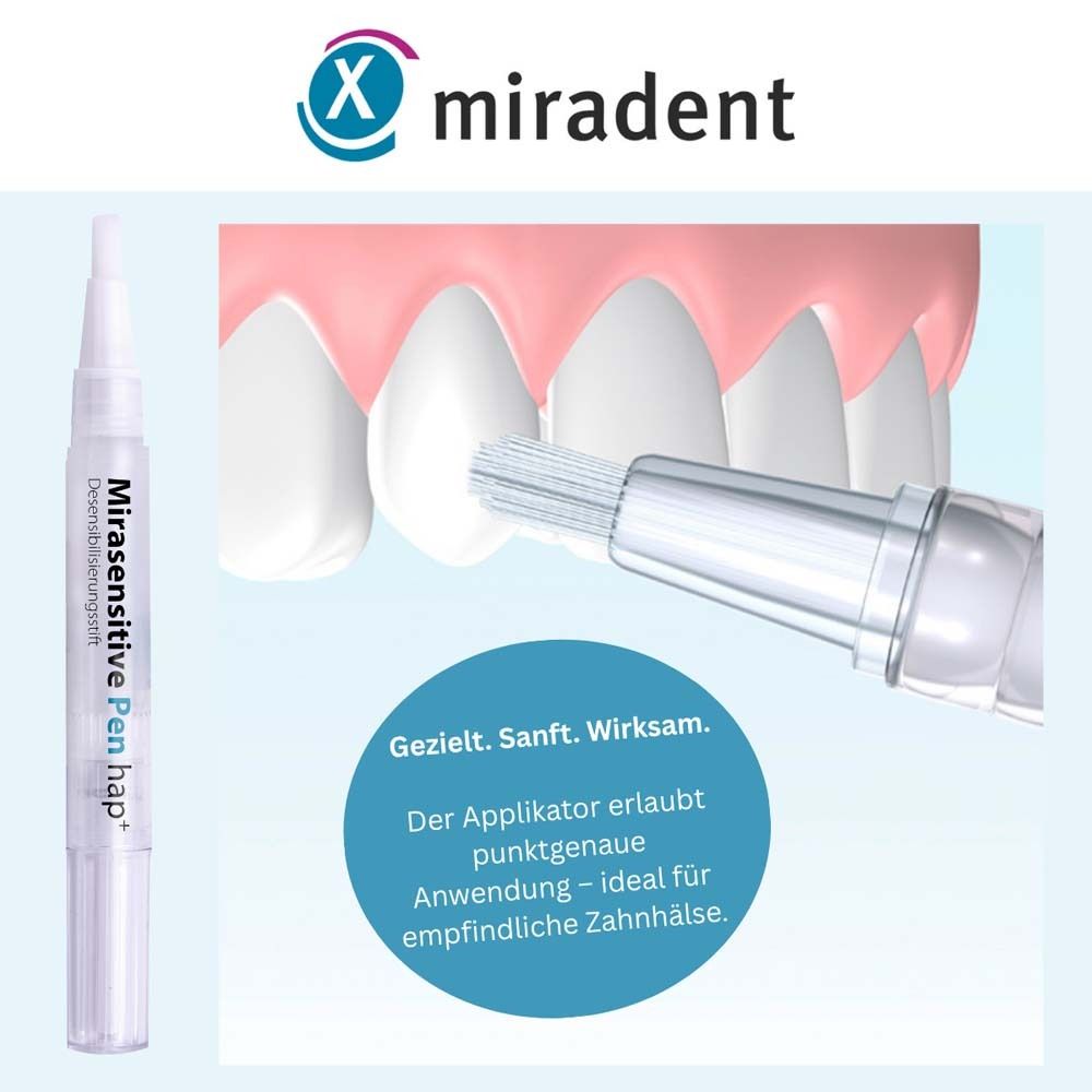 Mirasensitive Pen hap+ mit Applikator. Text: Gezielt. Sanft. Wirksam. Der Applikator erlaubt punktgenaue Anwendung.