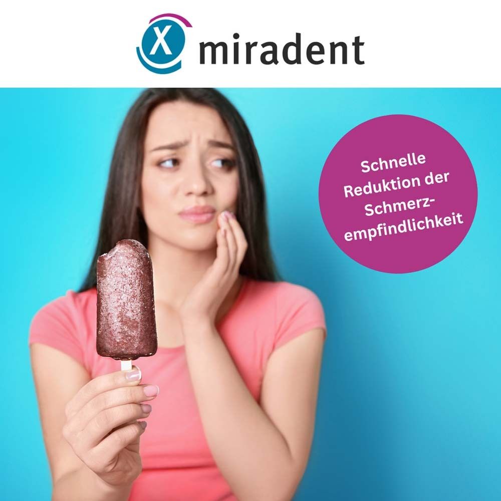 Frau mit Eis am Stiel. Text: Schnelle Reduktion der Schmerzempfindlichkeit.