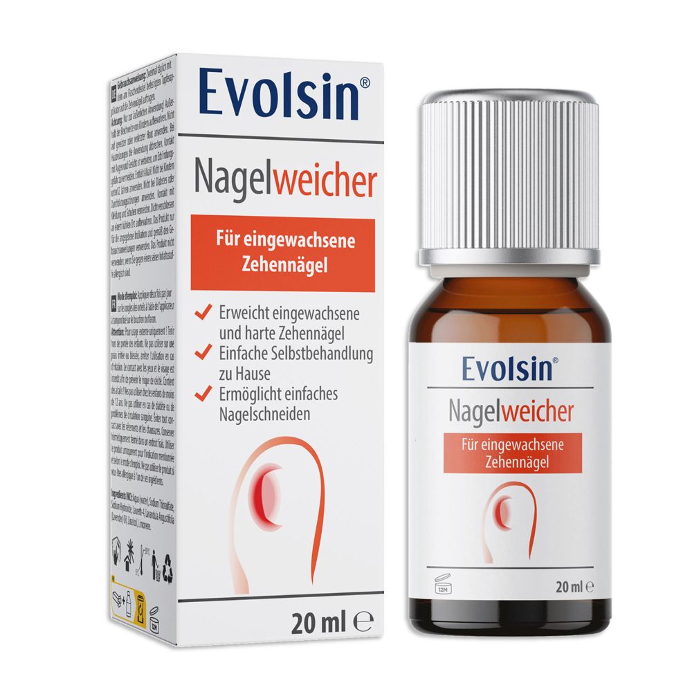 Evolsin Nagelweicher Flasche und Faltschachtel, 20 ml, für eingewachsene Zehennägel.