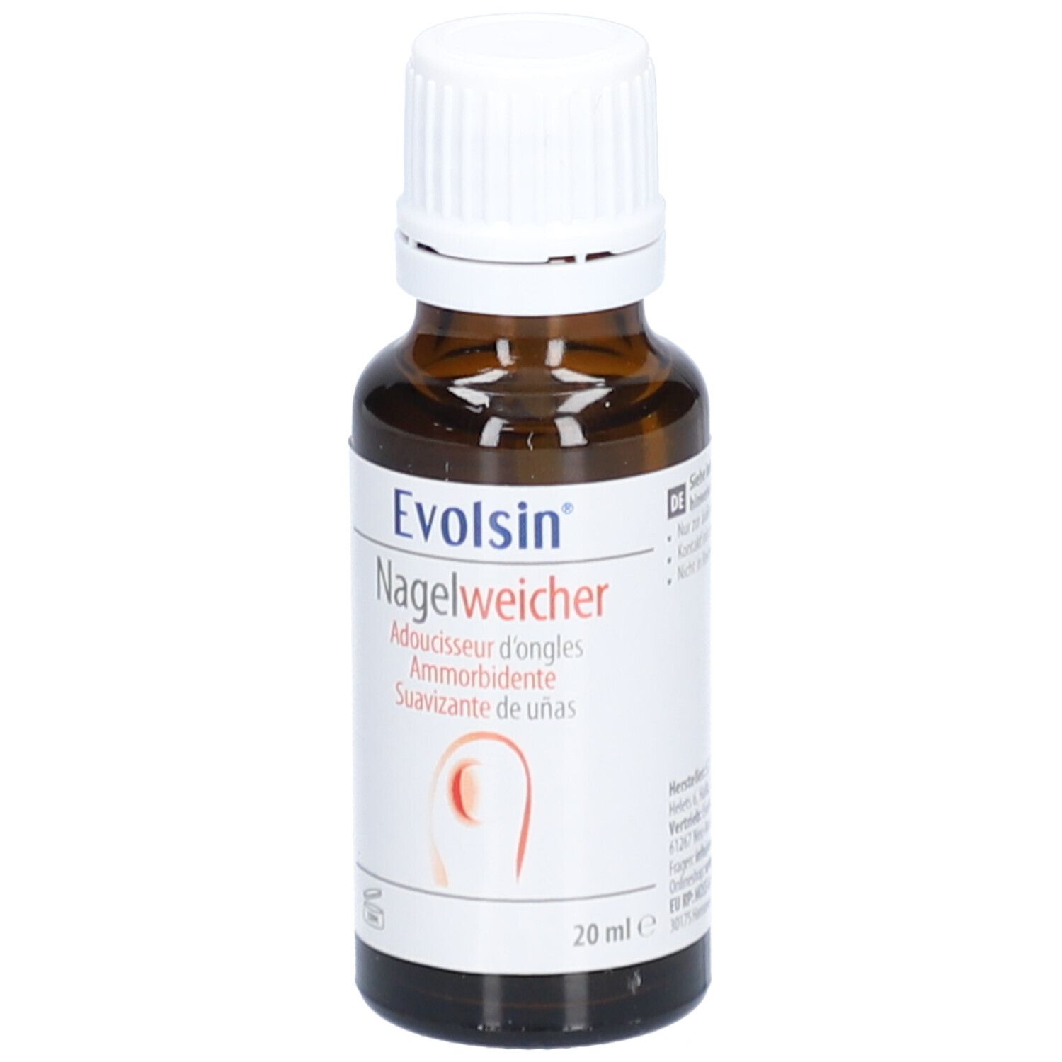 Flacon Evolsin Nagelweicher avec étiquetage allemand et instructions d'utilisation.
