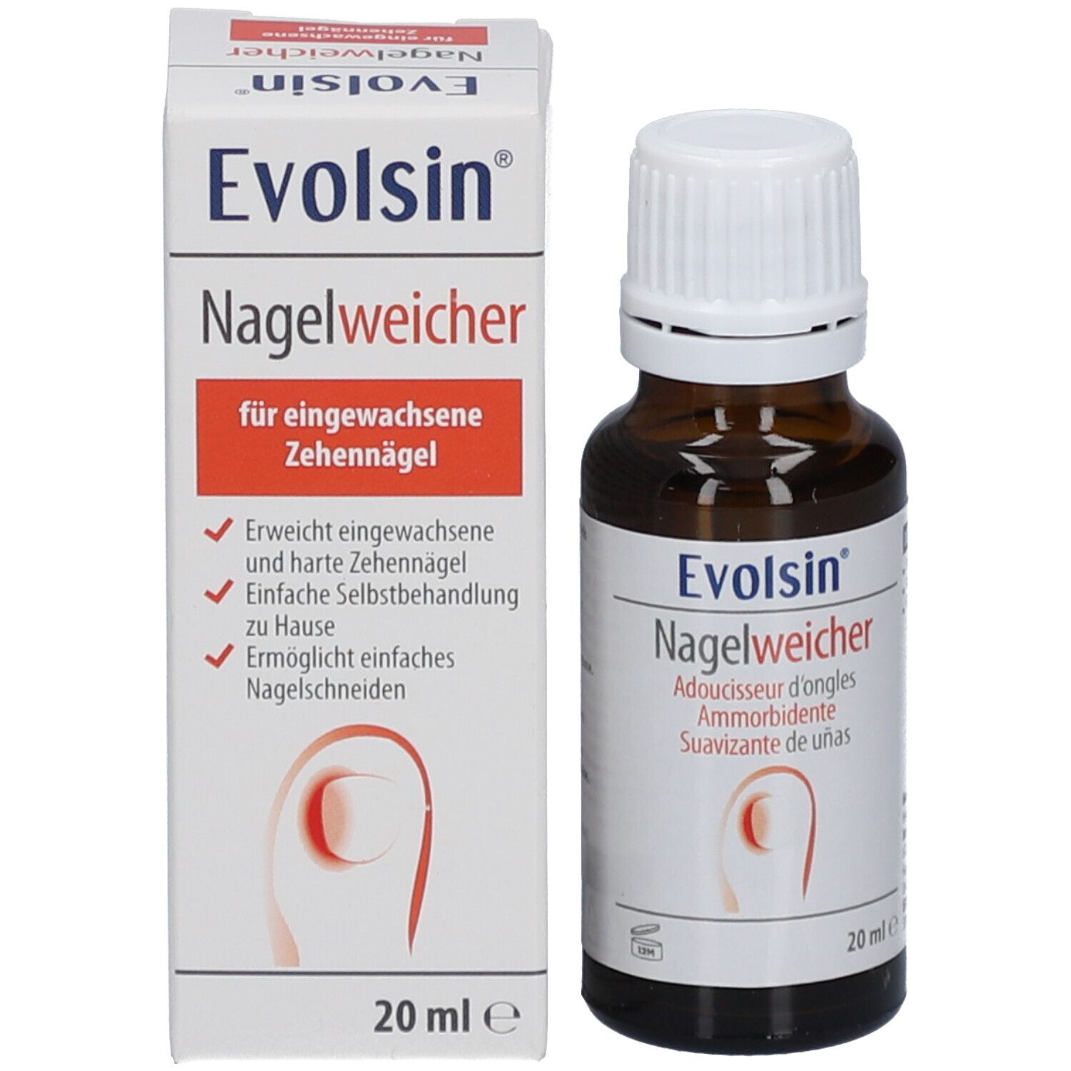 Flacon Evolsin Nagelweicher avec étiquetage allemand et instructions d'utilisation.