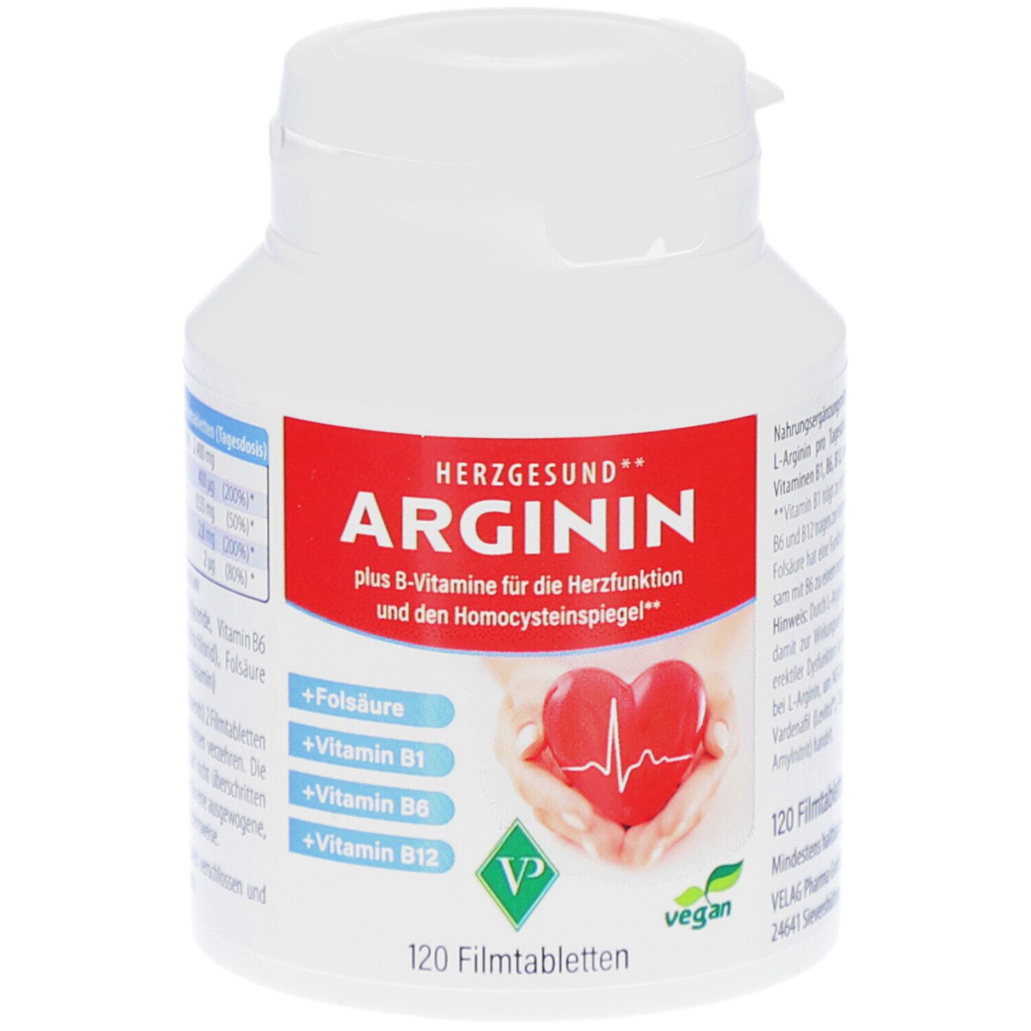 Weiße Flasche mit rotem Etikett. Aufschrift: ARGININ, plus B-Vitamine. 120 Filmtabletten. Vegan-Siegel.