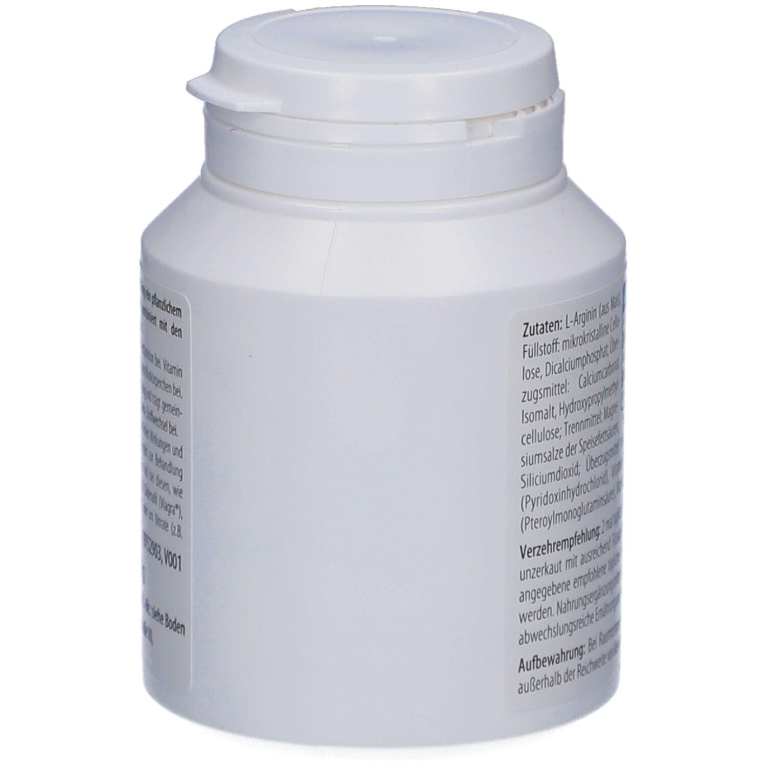 Weiße Flasche, Seitenansicht. Schraubverschluss. Keine weiteren Details sichtbar.