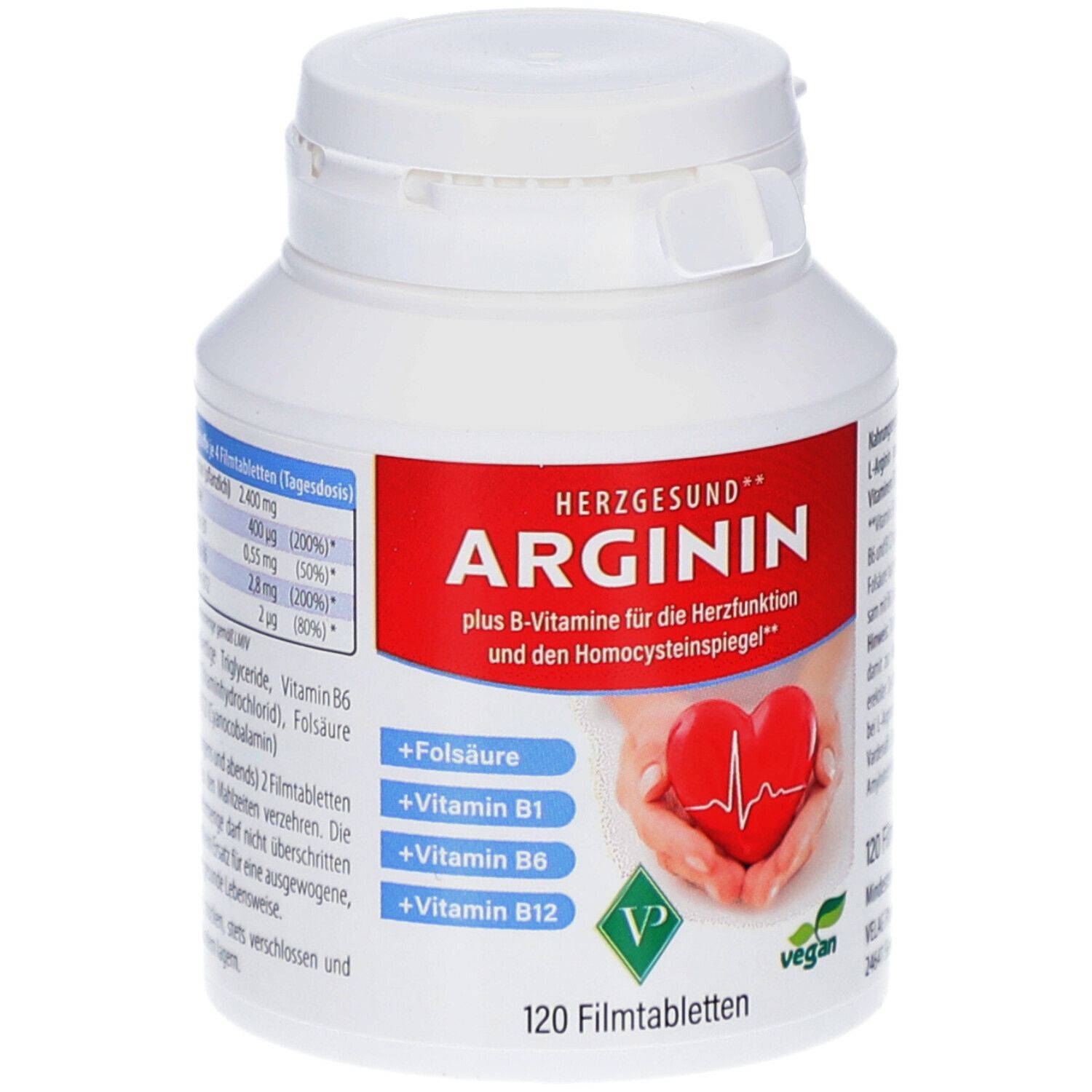 Weiße Flasche mit rotem Etikett. Aufschrift: ARGININ, plus B-Vitamine. 120 Filmtabletten. Vegan-Siegel.