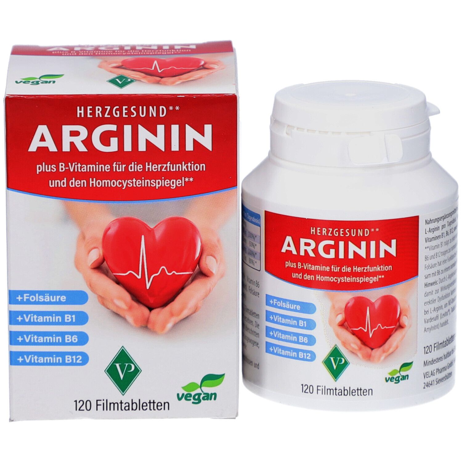 Produktpackung mit Flasche und Schachtel. Rotes Etikett mit Aufschrift: ARGININ, plus B-Vitamine. Vegan-Siegel.