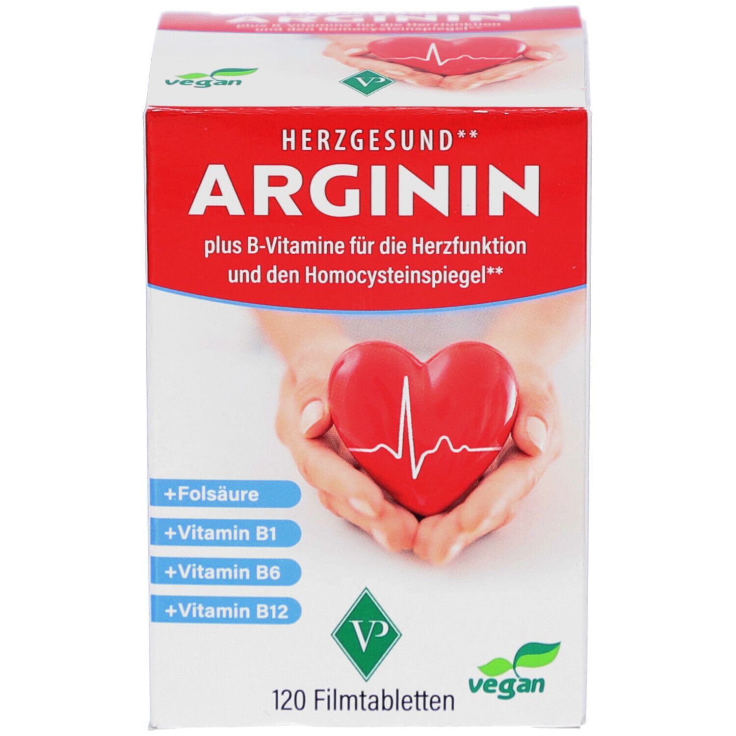 Produktverpackung, Schachtel. Rotes Etikett mit Aufschrift: ARGININ, plus B-Vitamine. 120 Filmtabletten. Vegan-Siegel.