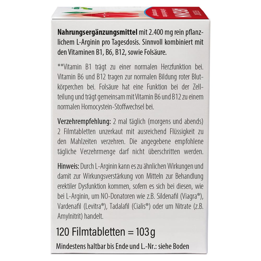 Texte au dos de la boîte. Complément alimentaire avec L-Arginine et vitamines B1, B6, B12, acide folique. 120 comprimés, 103g.
