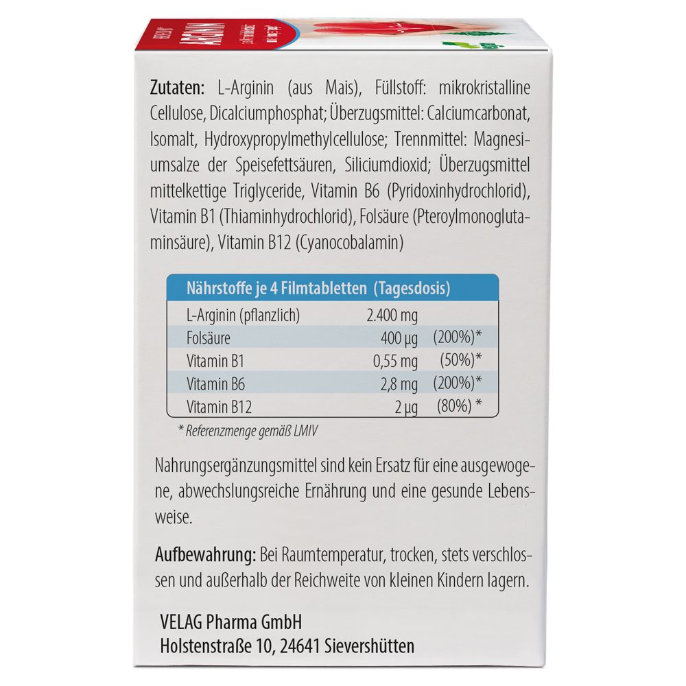 Texte sur le côté de la boîte. Ingrédients, nutriments pour 4 comprimés. Contient L-Arginine, acide folique, vitamines B1, B6, B12. VELAG Pharma.