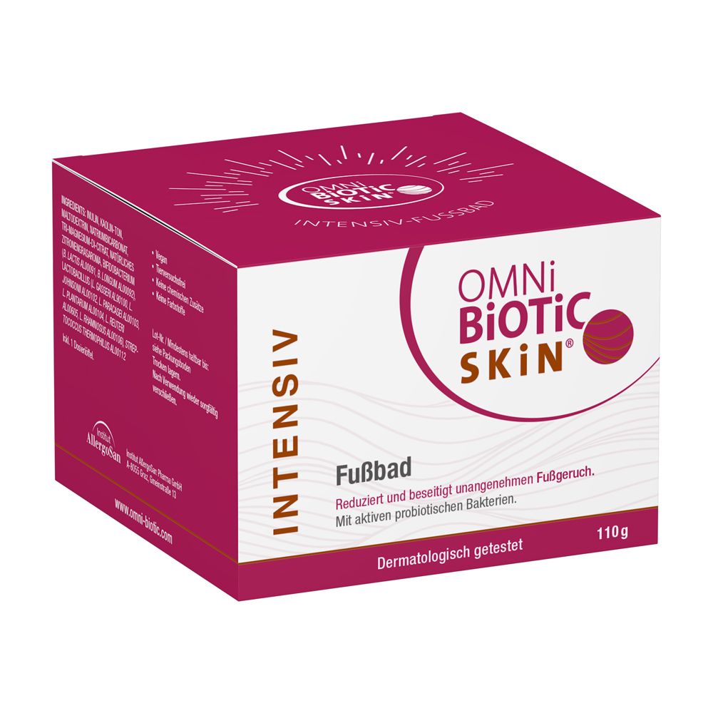 OMNi-BiOTiC SKiN® Intensiv-Fußbad. Boîte blanche et rouge. Nom du produit, logo et texte sur le devant.