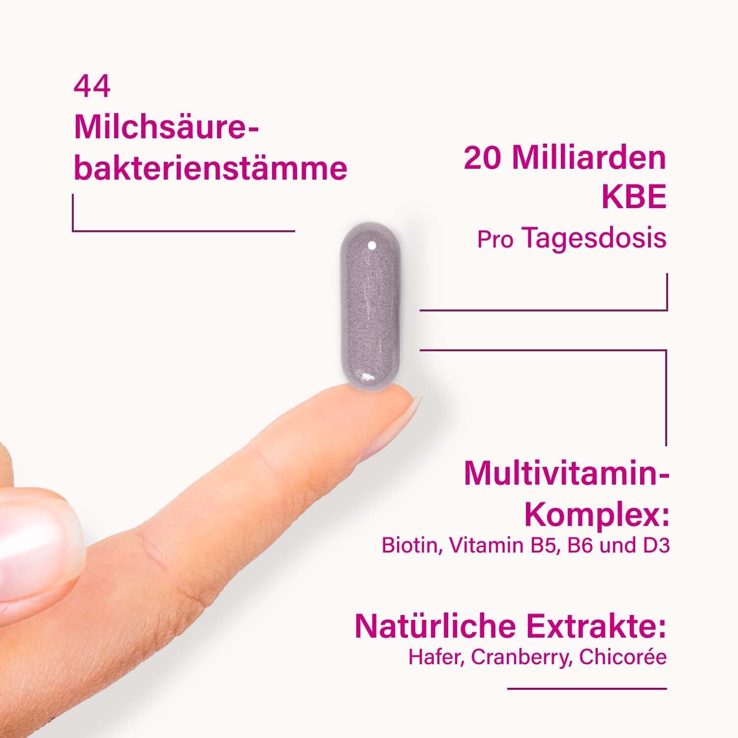 Gélule dans la main. Texte: 44 souches bactériennes lactiques, 20 milliards d'UFC par dose, complexe multivitaminé, extraits naturels.