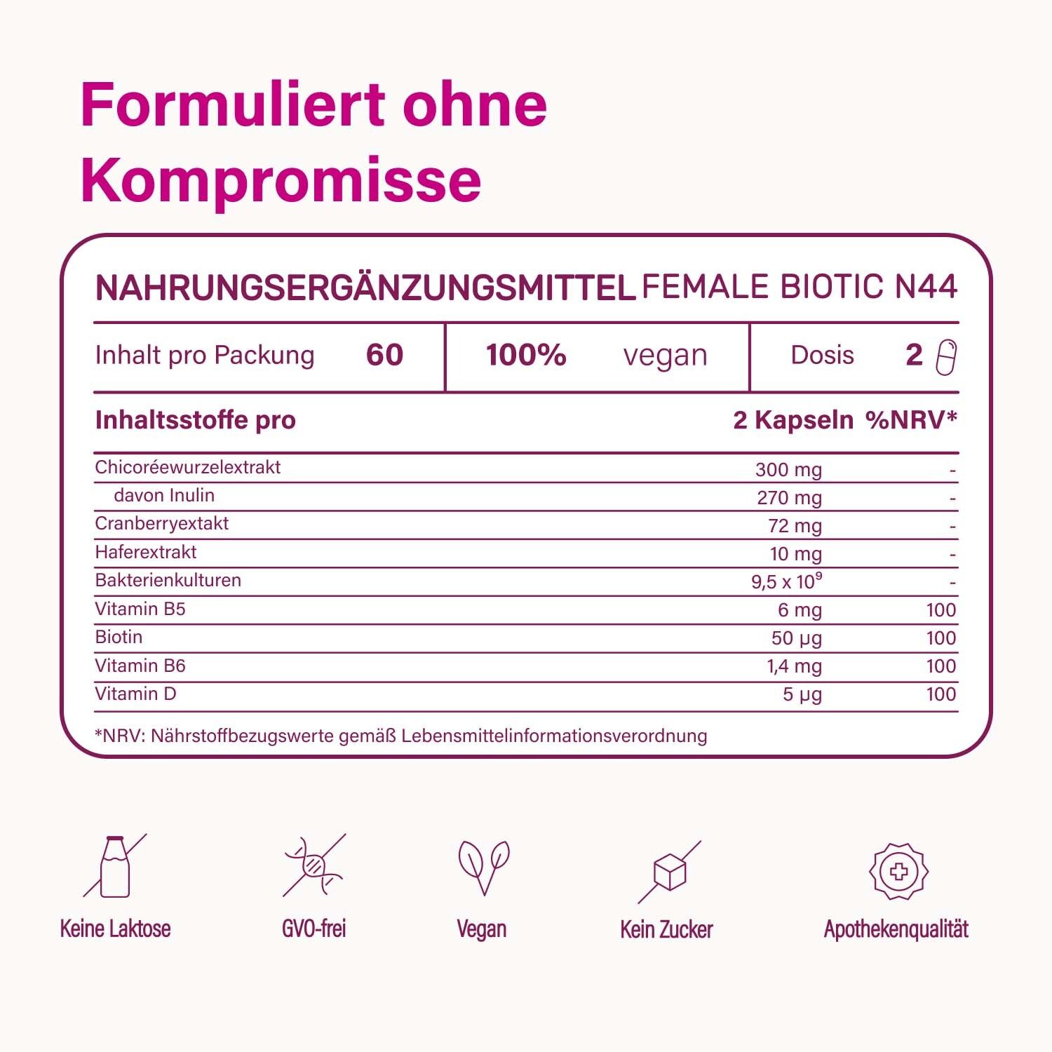 Complément alimentaire FEMALE BIOTIC N44. 60 gélules. Ingrédients pour 2 gélules: chicorée, canneberge, vitamines.