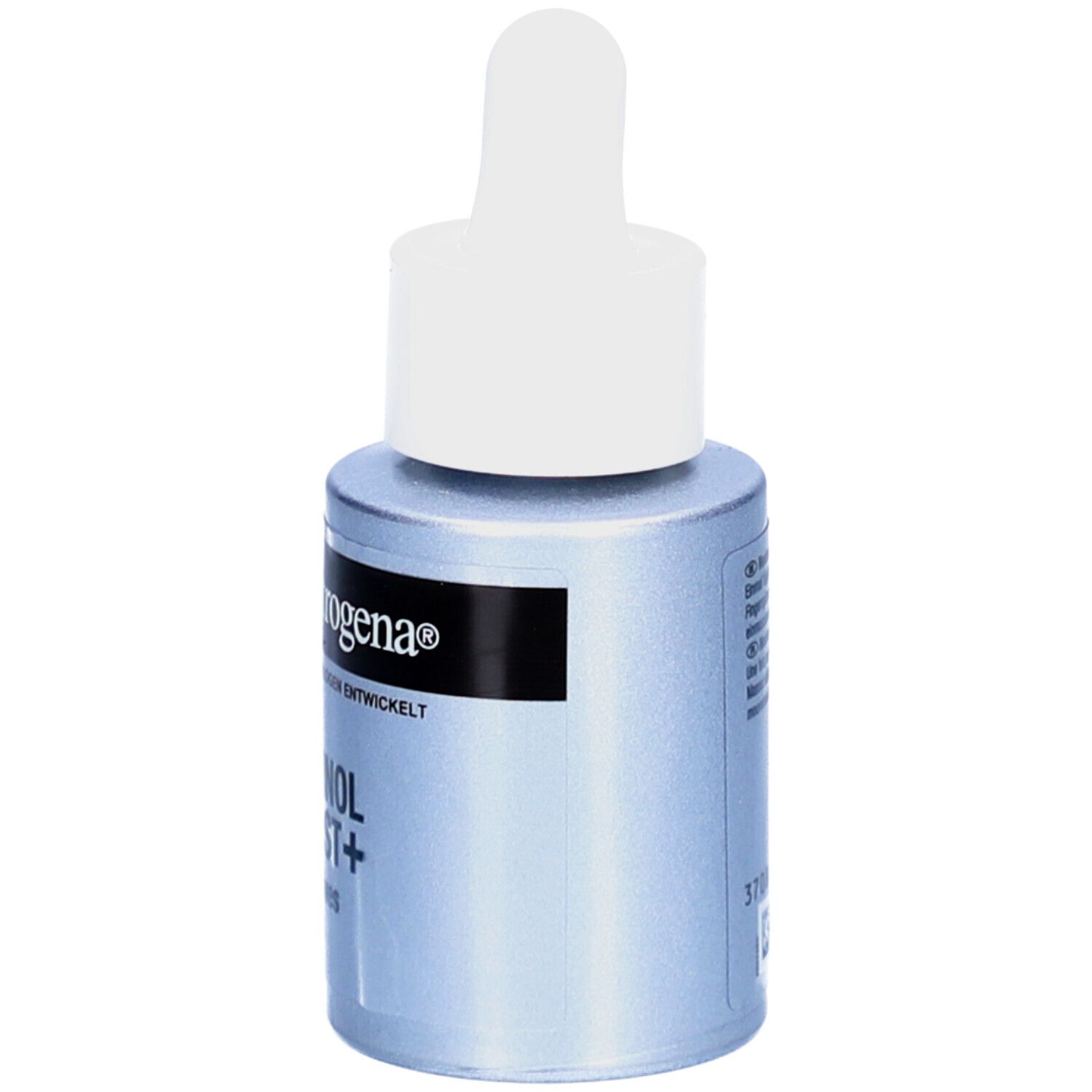 Serumflasche mit weißem Deckel und Pipette. Aufschrift: Neutrogena, Retinol Boost+ Intensives Serum.