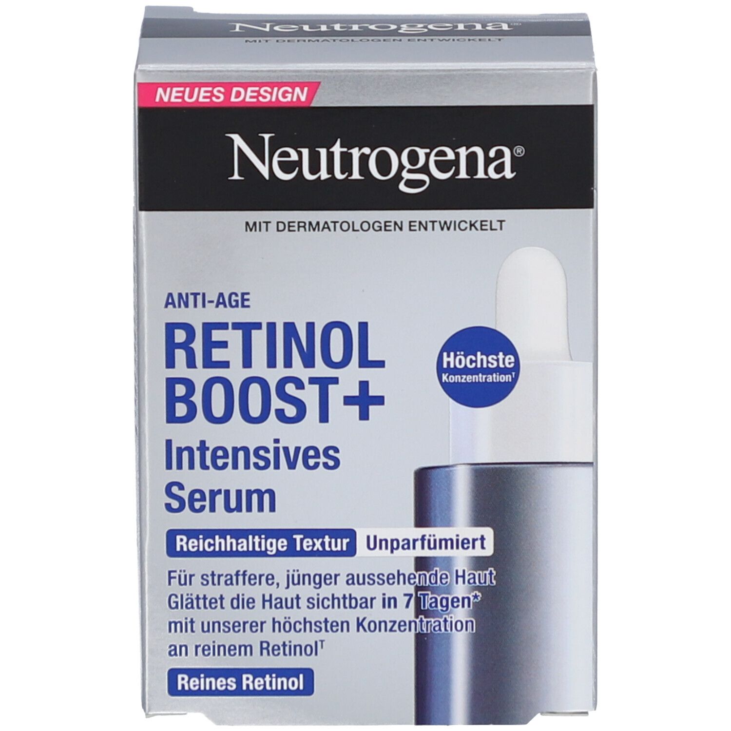Produktverpackung. Aufschrift: Neutrogena, Retinol Boost+ Intensives Serum. Box: Anti-Age.