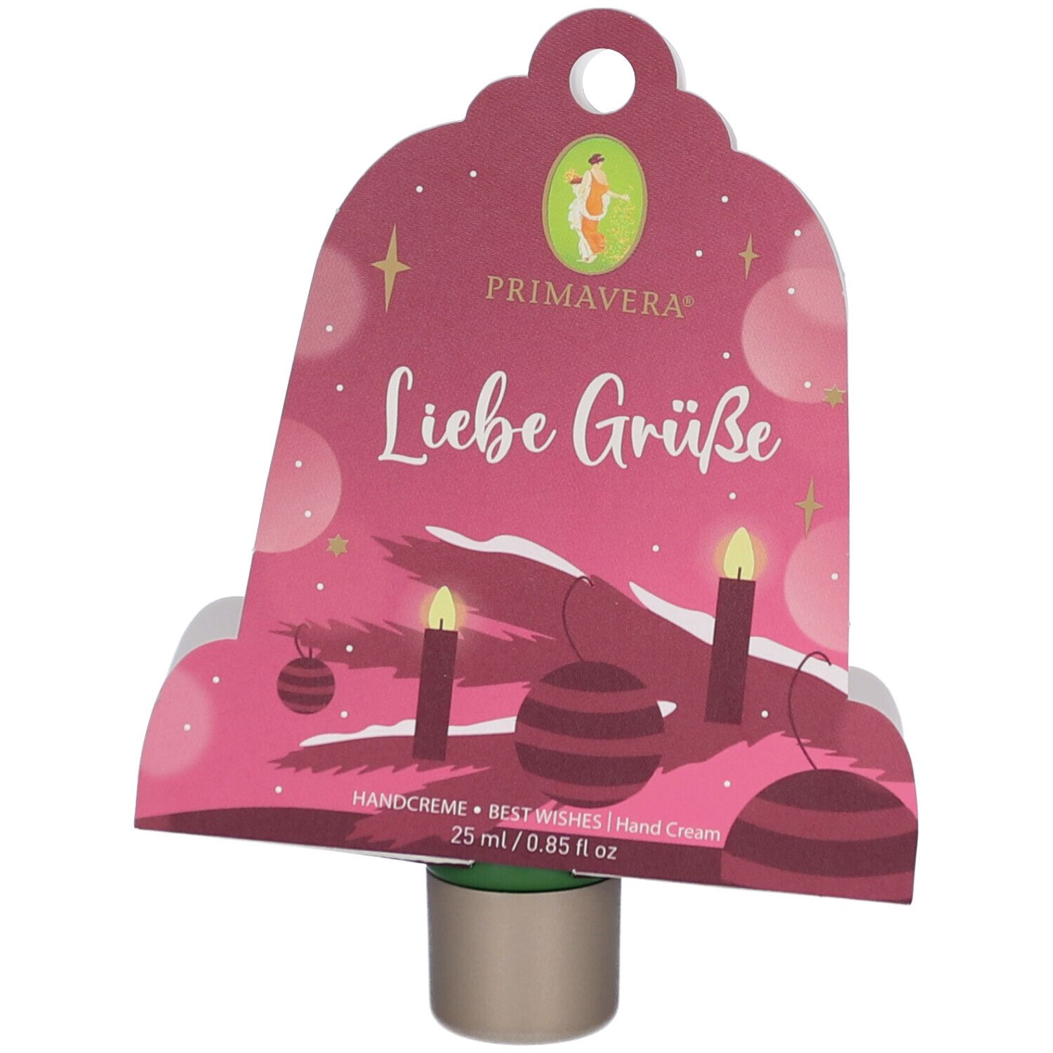 Geschenkanhänger mit Aufdruck "Liebe Grüße". Handcreme-Tube in metallischer Hülse. Rosa Verpackung mit weihnachtlichem Design.