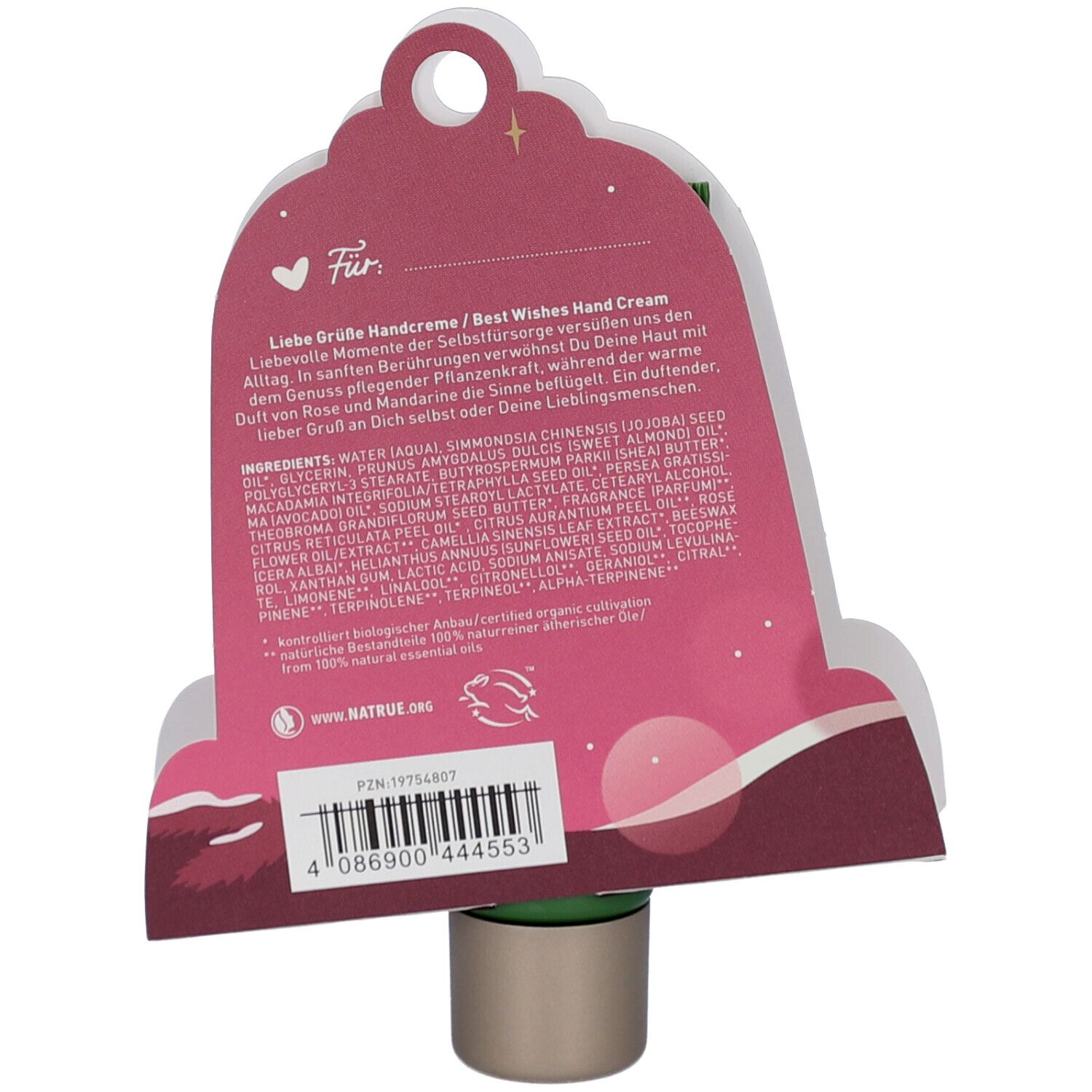 Rückseite des Geschenkanhängers mit Text. Inhaltsstoffe und Informationen zur Handcreme. Tube in metallischer Hülse.