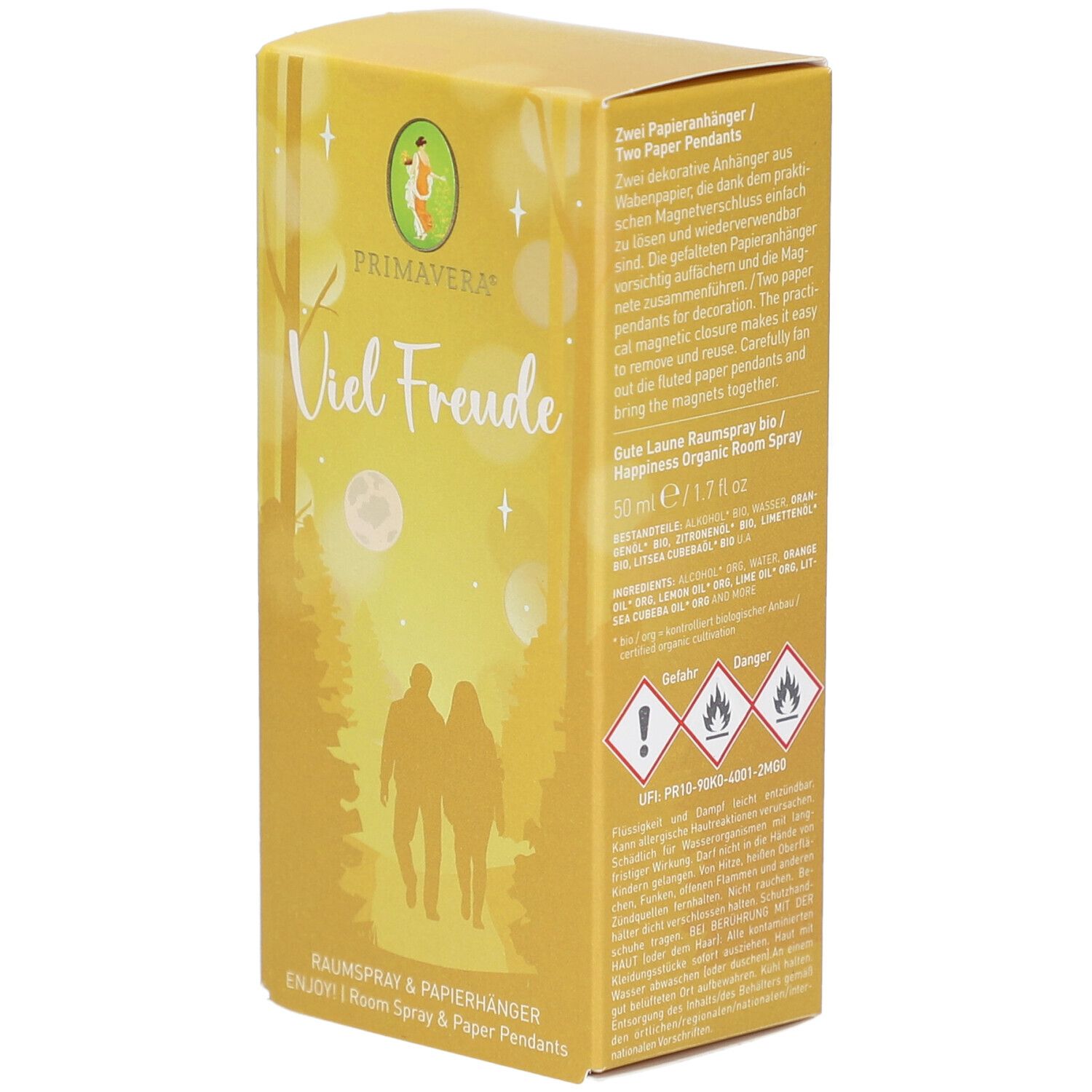 Gelbe Schachtel mit Primavera-Logo und Aufschrift "Viel Freude". Enthält Raum-Spray und Papieranhänger.