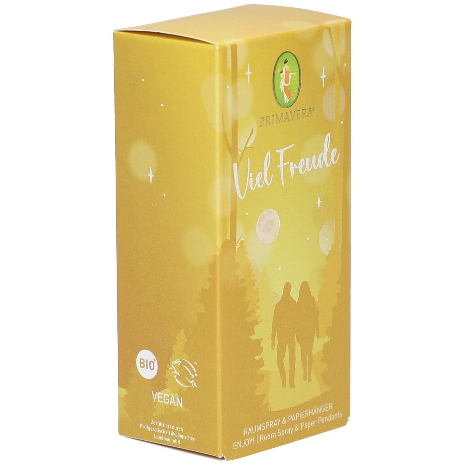 Gelbe Schachtel mit Primavera-Logo und Aufschrift "Viel Freude". Vegan-Siegel und Bio-Logo.