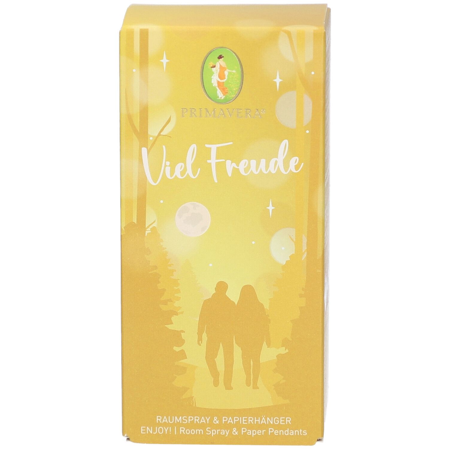 Gelbe Schachtel mit Primavera-Logo und Aufschrift "Viel Freude". Enthält Raumspray und Papieranhänger.