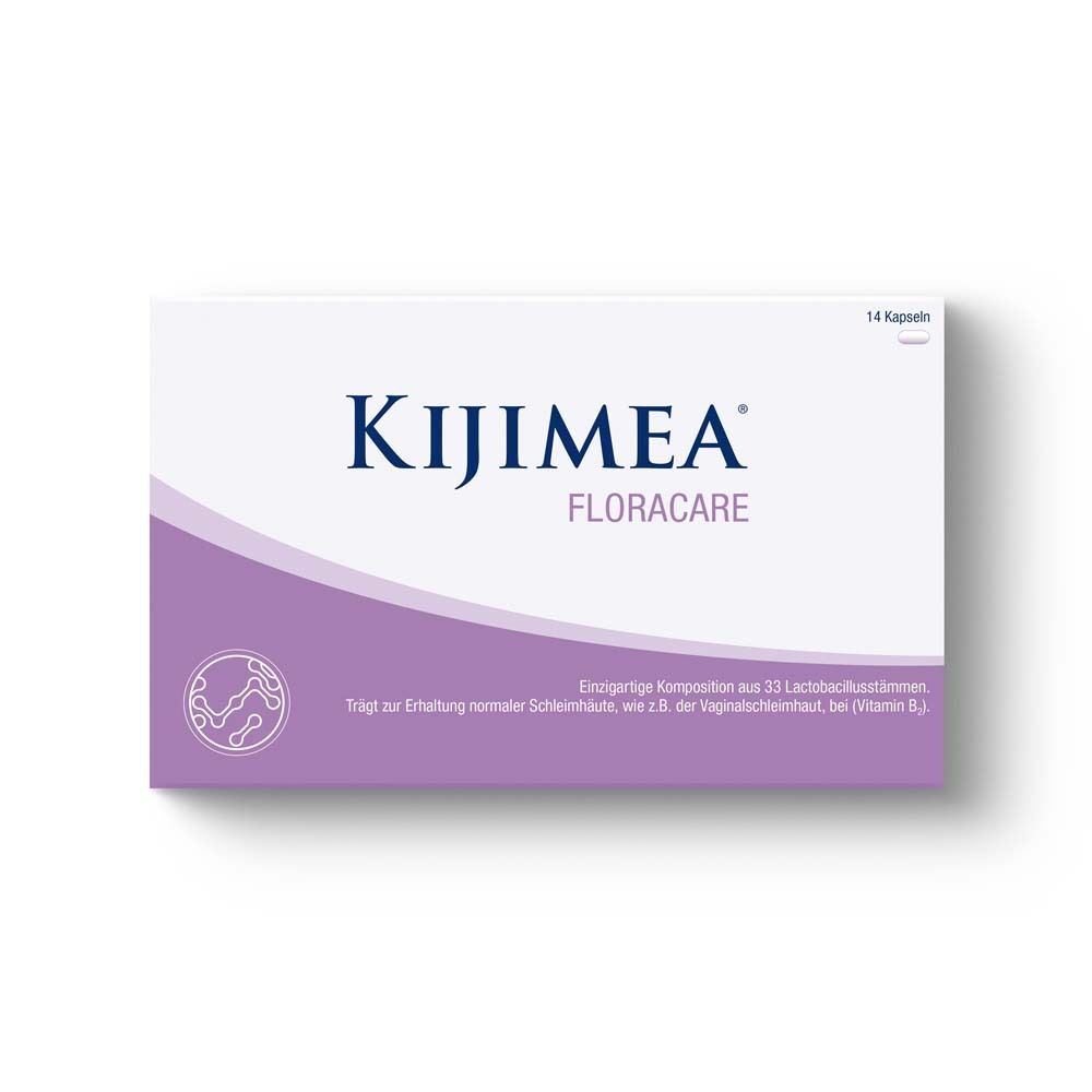 Boîte de Kijimea FloraCare. Emballage blanc avec accents violets. Logo et texte clairement visibles.
