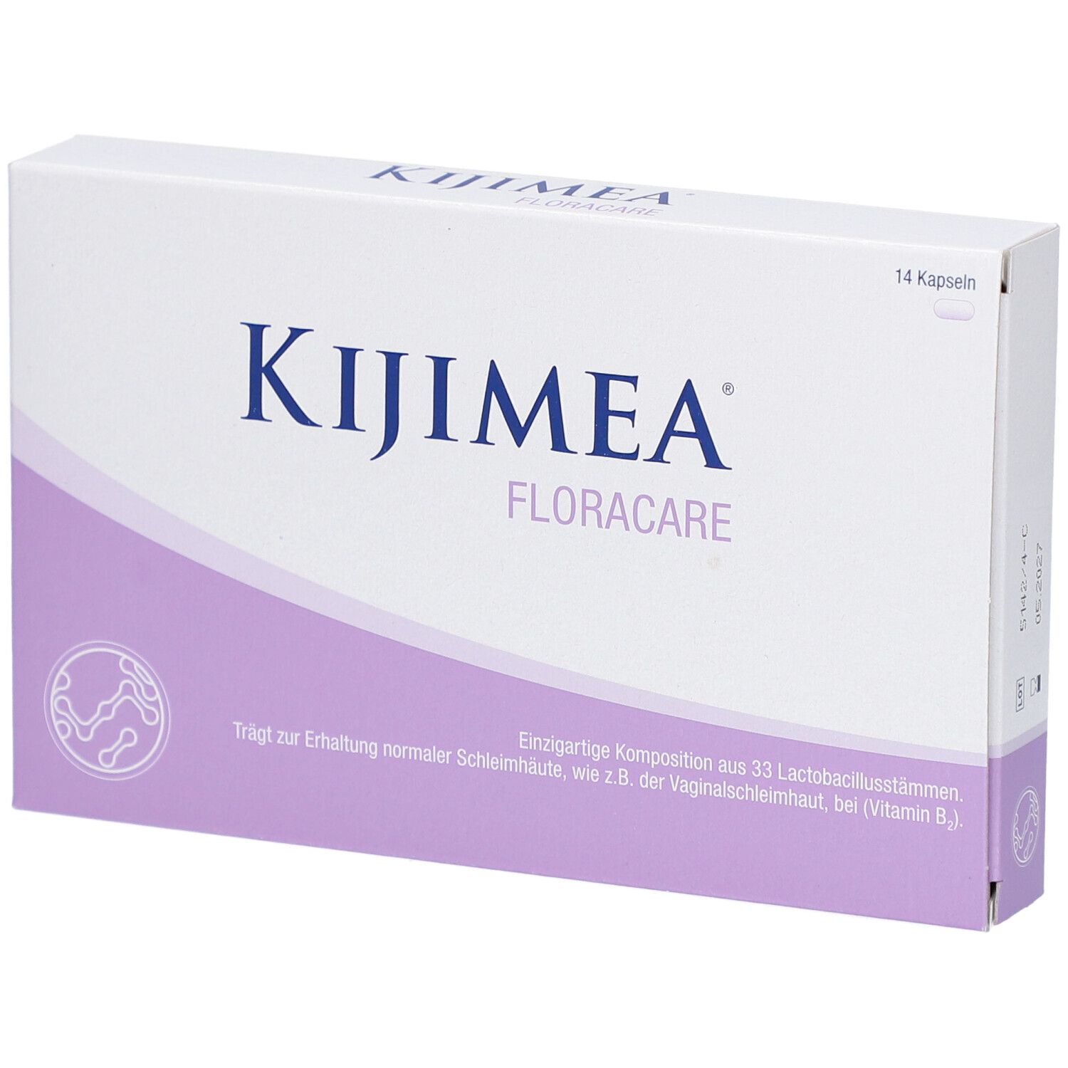 Boîte de Kijimea FloraCare Kapseln. Blanc et violet. Texte et logo. 14 gélules.