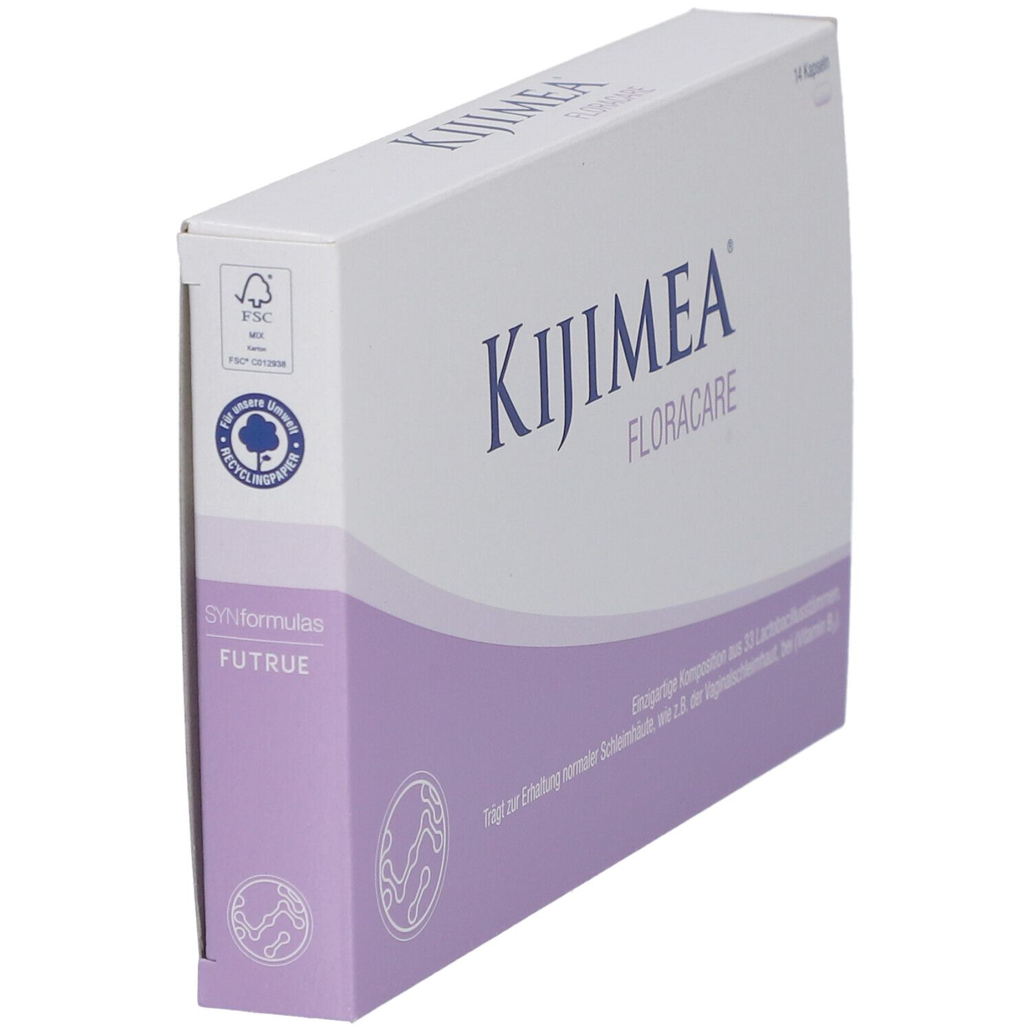 Boîte Kijimea FloraCare Kapseln. Blanc et violet. Logo et texte. Label FSC.