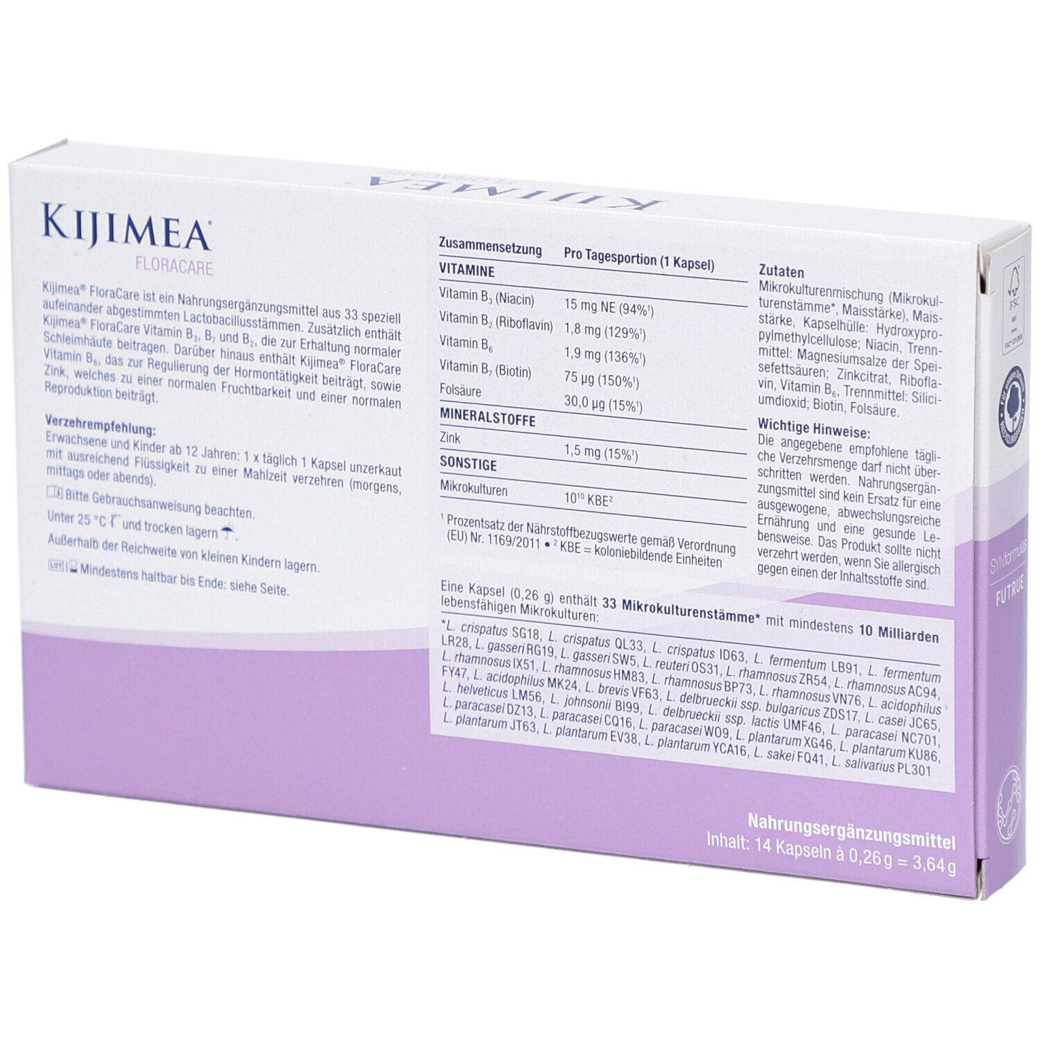 Dos de la boîte Kijimea FloraCare Kapseln. Ingrédients et informations nutritionnelles. Texte.