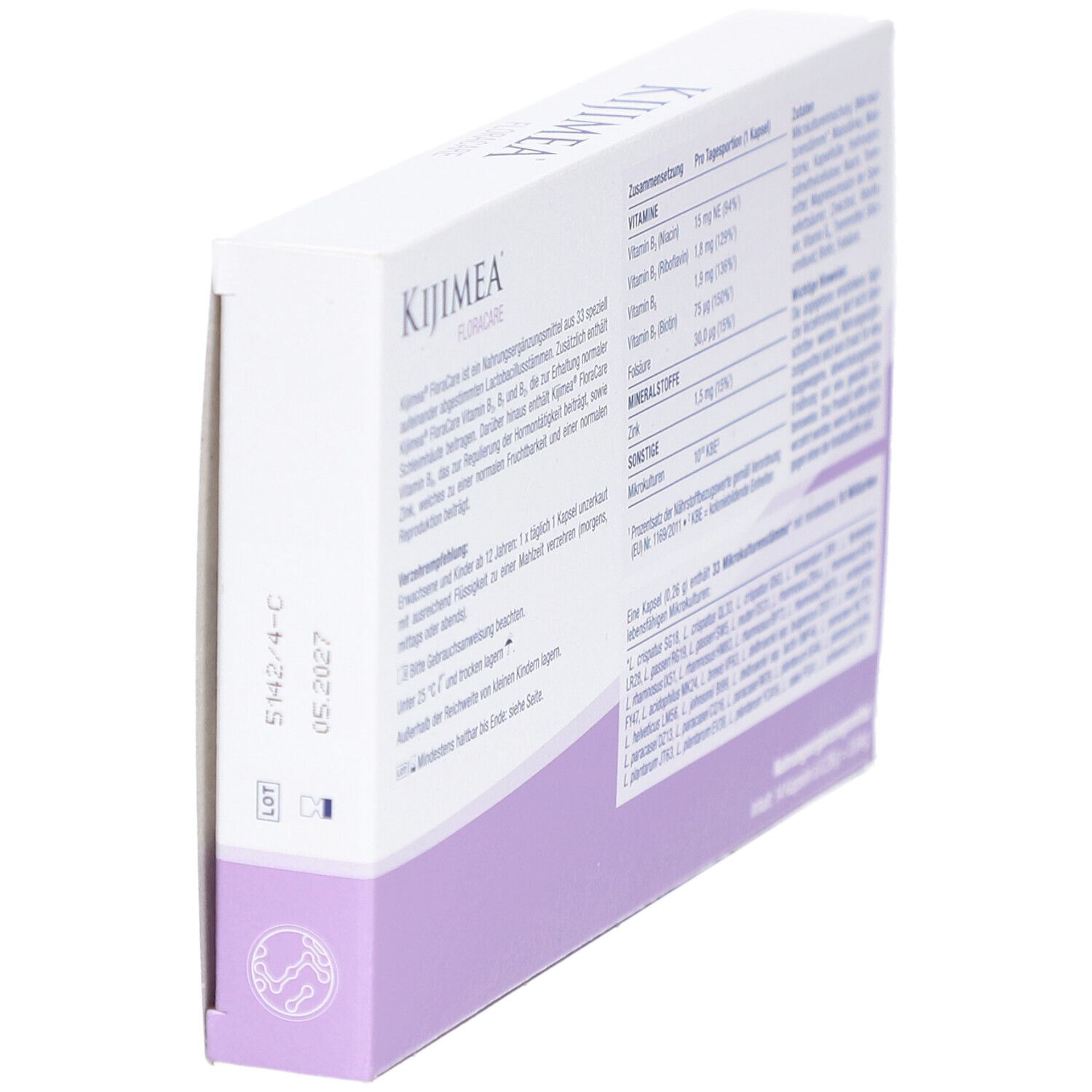 Dos de la boîte Kijimea FloraCare Kapseln. Texte, date de péremption et numéro de lot.