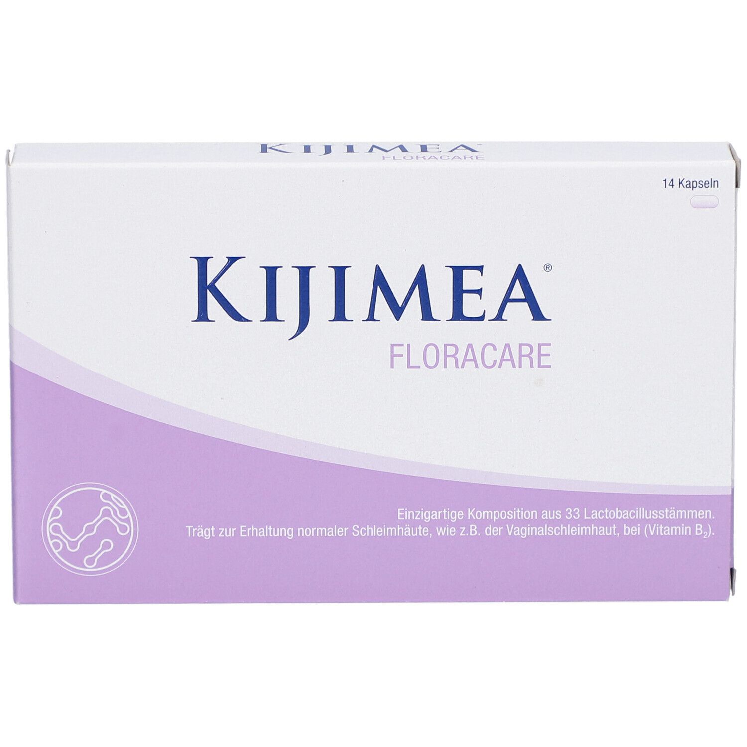 Boîte de Kijimea FloraCare Kapseln. Blanc et violet. Texte et logo. 14 gélules.