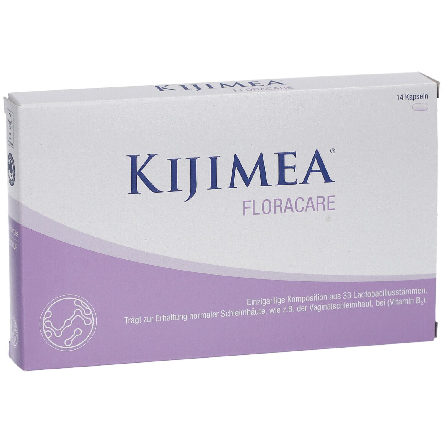 Boîte de Kijimea FloraCare Kapseln. Blanc et violet. Texte et logo. 14 gélules.