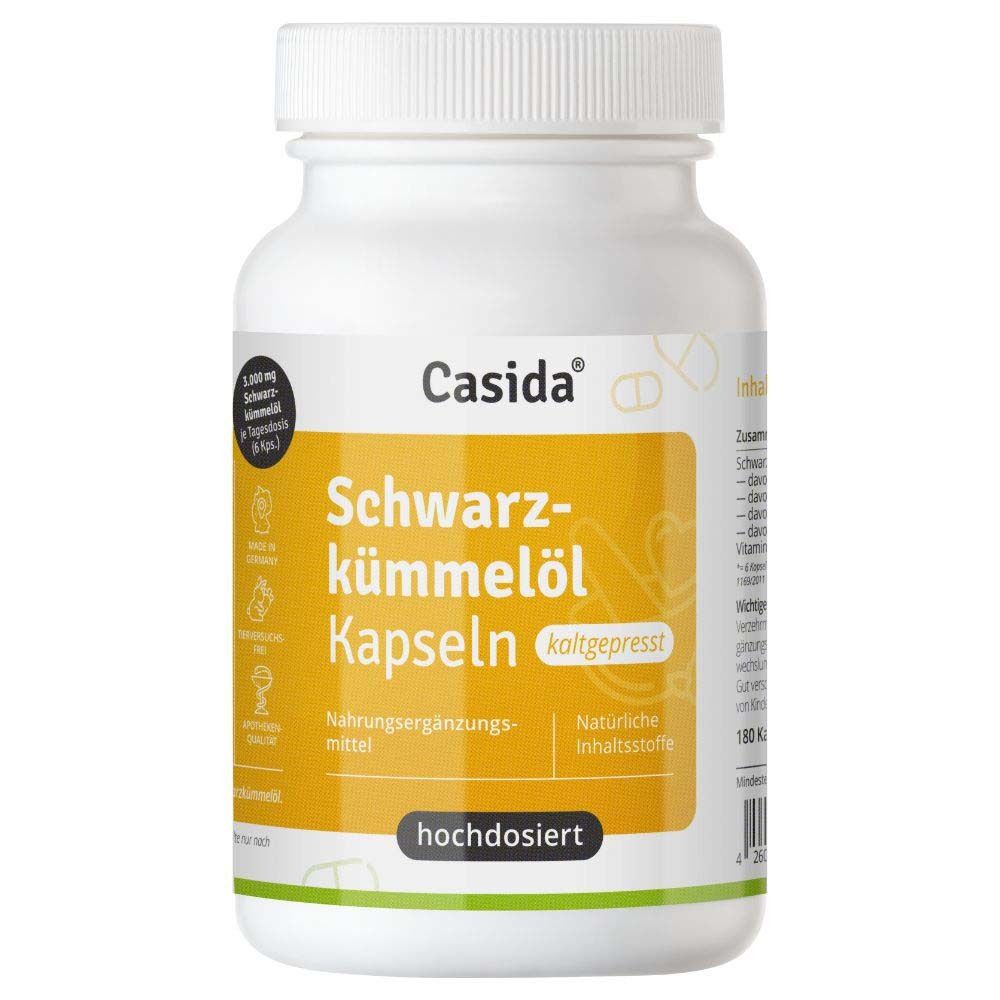 Weiße Flasche mit Kapseln. Aufschrift: Casida®, Schwarzkümmelöl Kapseln, hochdosiert. Gelbes Etikett.