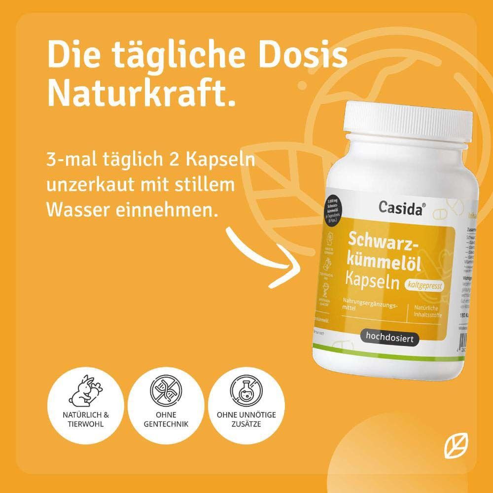 Gelber Hintergrund mit Flasche Casida® Schwarzkümmelöl Kapseln. Text: Die tägliche Dosis Naturkraft. Einnahme.