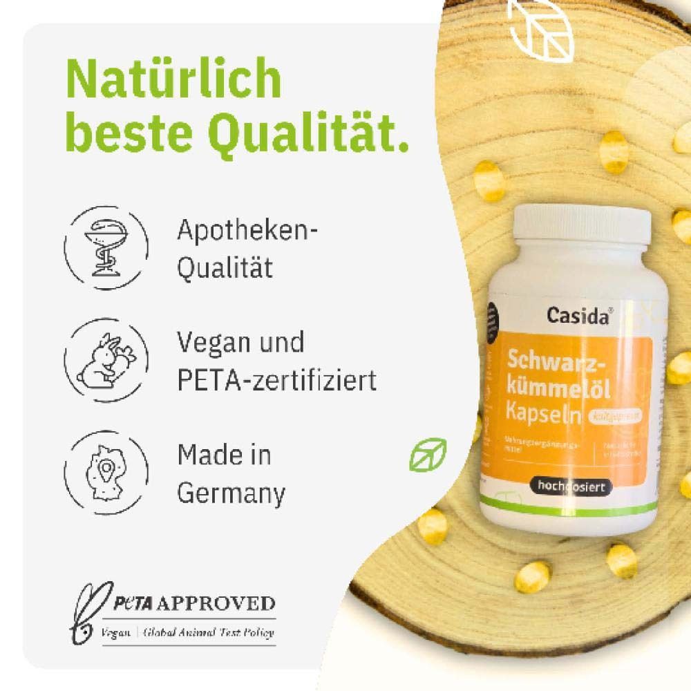 Grüner Hintergrund mit Flasche Casida® Schwarzkümmelöl Kapseln. Text: Natürlich beste Qualität. PETA-Siegel.