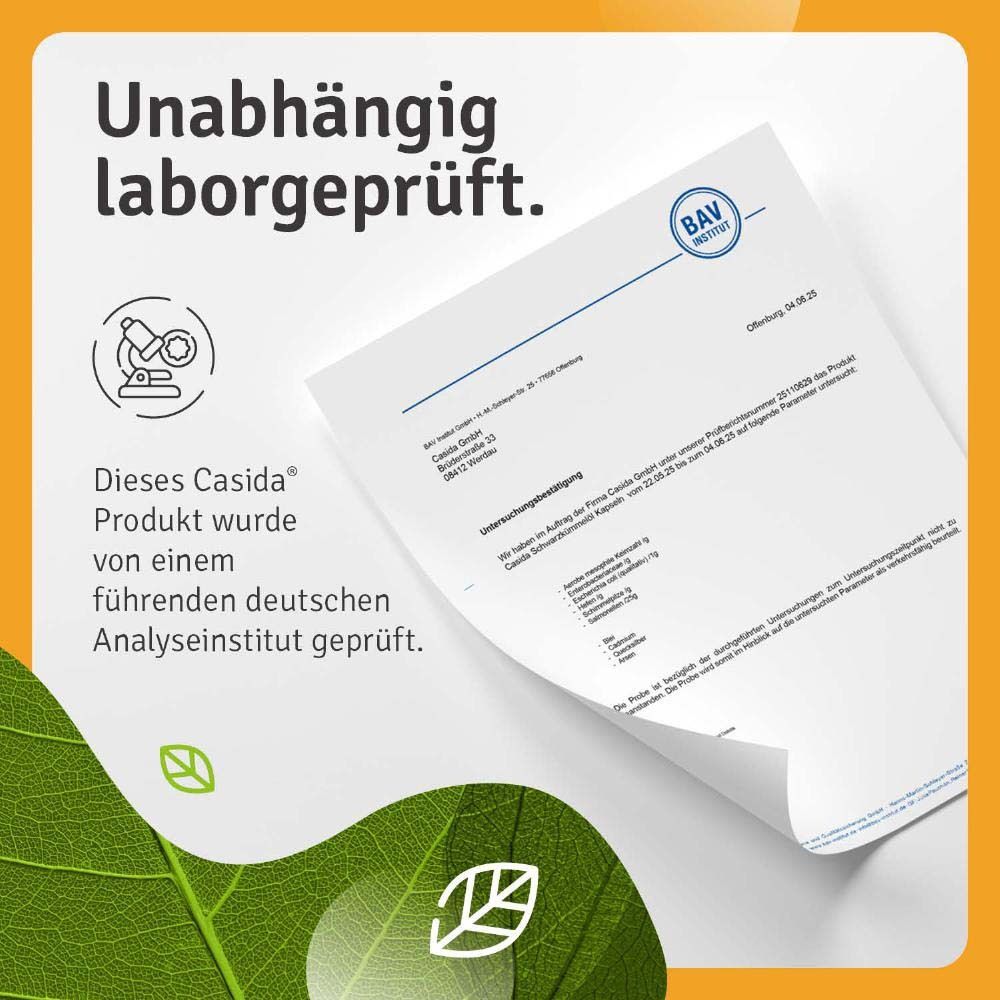 Gelber Hintergrund mit Text: Unabhängig laborgeprüft. Zertifikat eines deutschen Analyseinstituts.