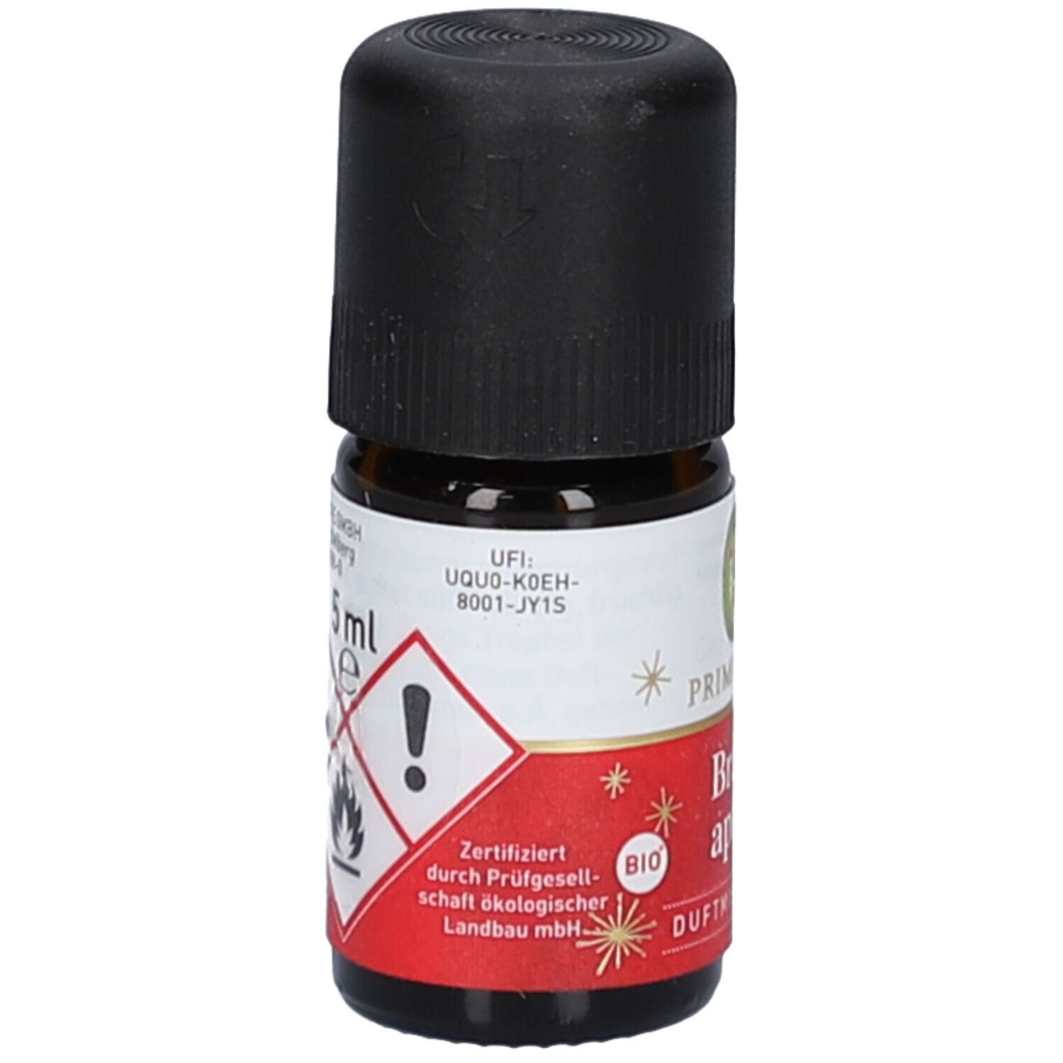 Flacon en verre brun avec bouchon noir. Étiquette avec symboles d'avertissement, "5 ml" et certification bio.