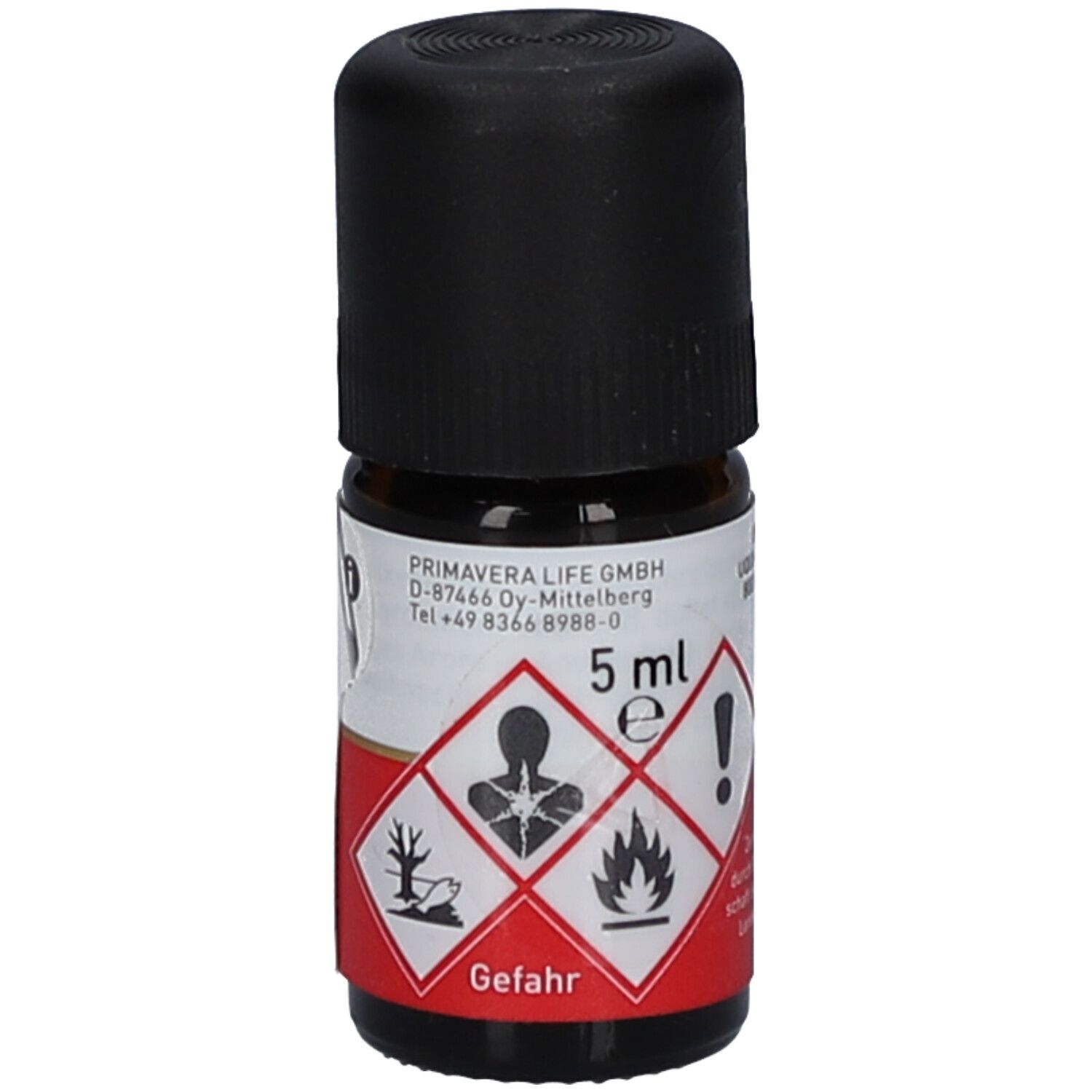 Flacon en verre brun avec bouchon noir. Étiquette avec symboles d'avertissement et l'inscription "Gefahr".