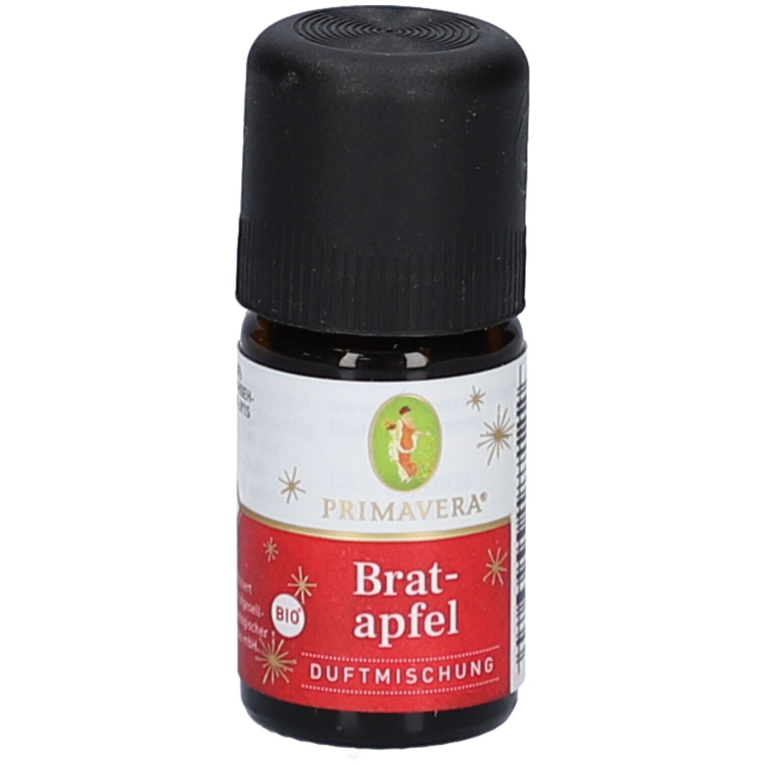Flacon en verre brun avec bouchon noir. Étiquette avec "Primavera", "Bratapfel Duftmischung Bio" et label bio.