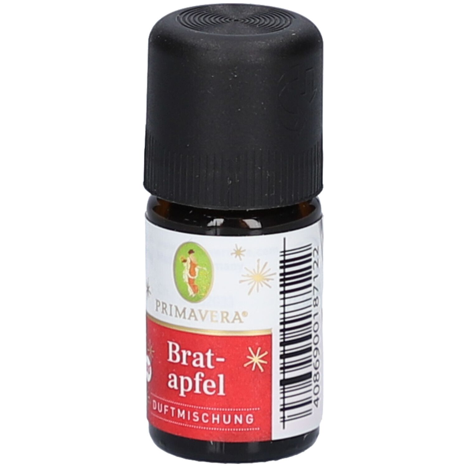 Flacon en verre brun avec bouchon noir. Étiquette avec "Primavera", "Bratapfel Duftmischung" et code-barres.