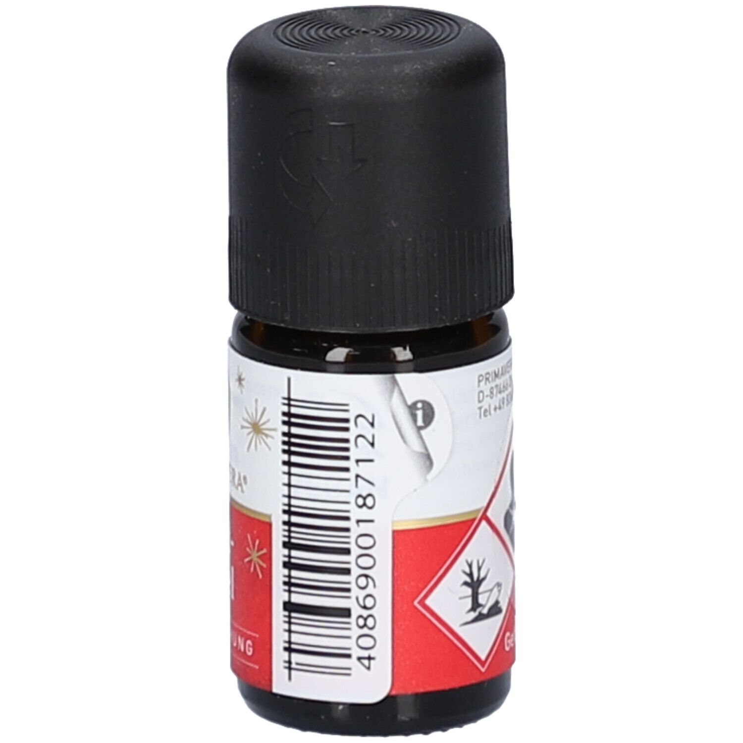 Flacon en verre brun avec bouchon noir. Étiquette avec symboles d'avertissement et code-barres.