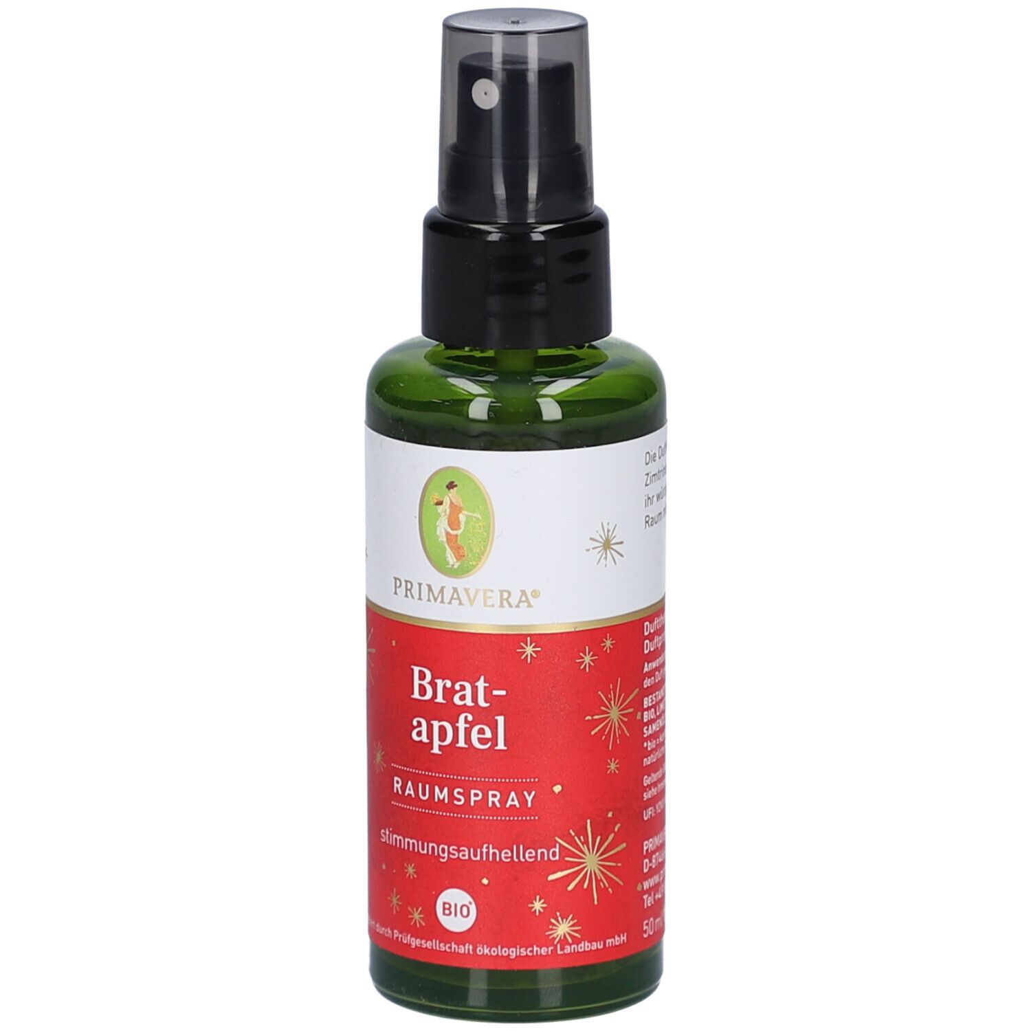 Grüne Glasflasche mit schwarzem Sprühkopf. Rotes Etikett mit weißer Schrift: Bratapfel Raumspray bio. Primavera Logo. Bio-Siegel.